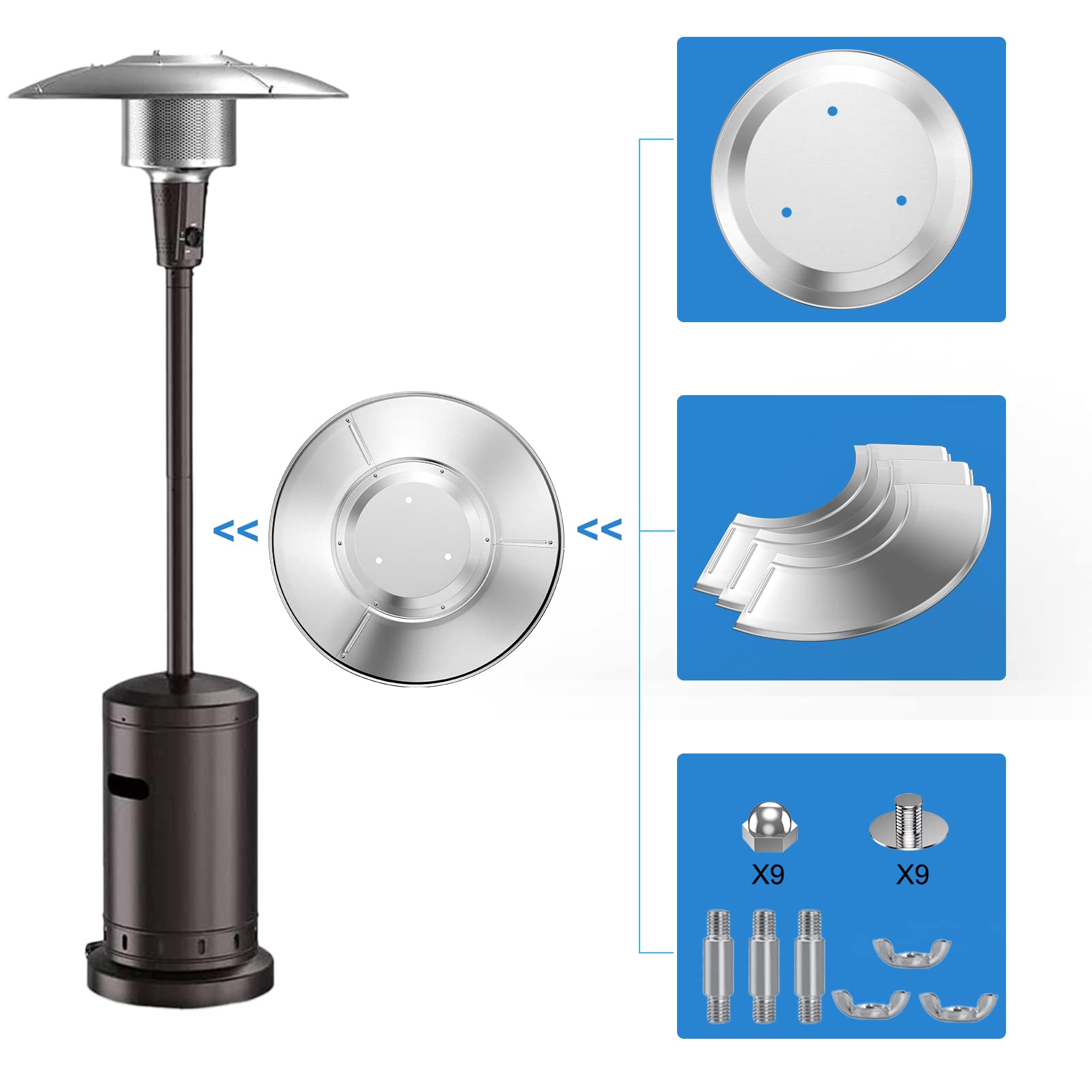 Top Hill Upgtaded Aluminum Patio Heater Reflector Shield, Propane Outdoor Heater Replacement Parts, Silver Patio Heater Parts, Heat Reflector Shield - Top Dome(3-Hole Mount,33" Diameter Round)