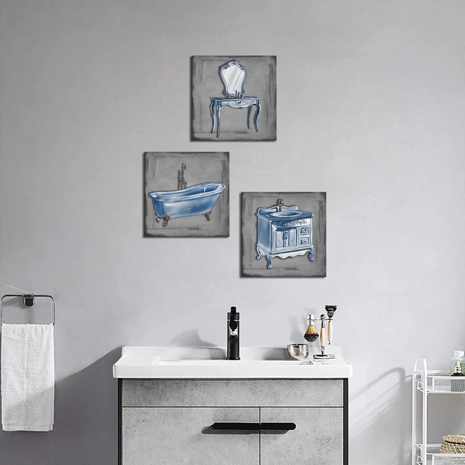 DuoBaorom 3 Pieces Bathroom Picture Wall Art Abstract Bathtub Vanity Set Wash Basin Grey and Blue Artwork for Bathroom Wash Room Decor Ready to Hang 12x12inchx3pcs