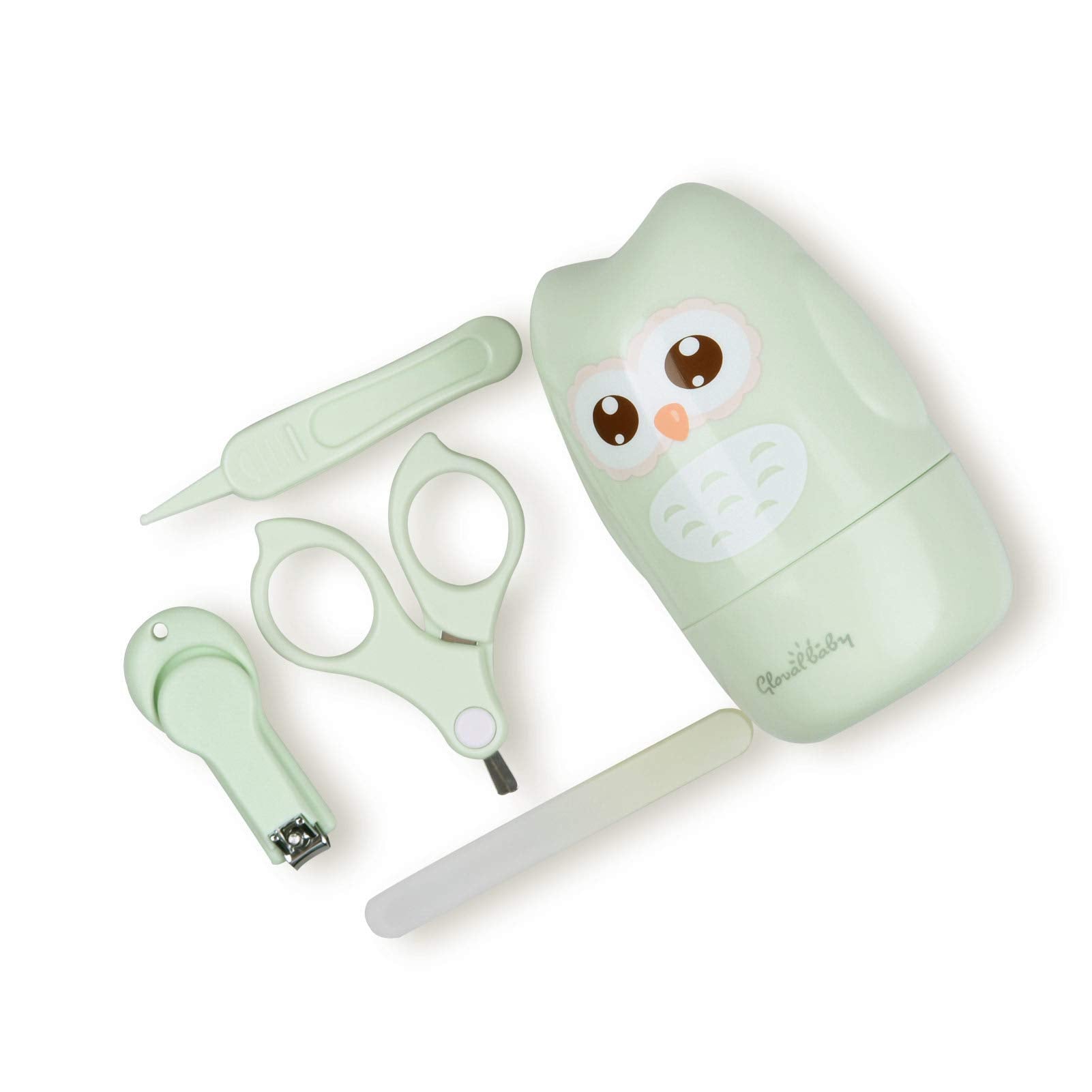GLOVAL BABY Baby Nail Kit, Baby Manicure Kit and Pedicure kit with Cute Owl Shape Case. Baby Nail Clipper, Scissor, Baby Nail File & Tweezer for Newborn, Infant & Toddler, Mothers Day Gifts(Green)