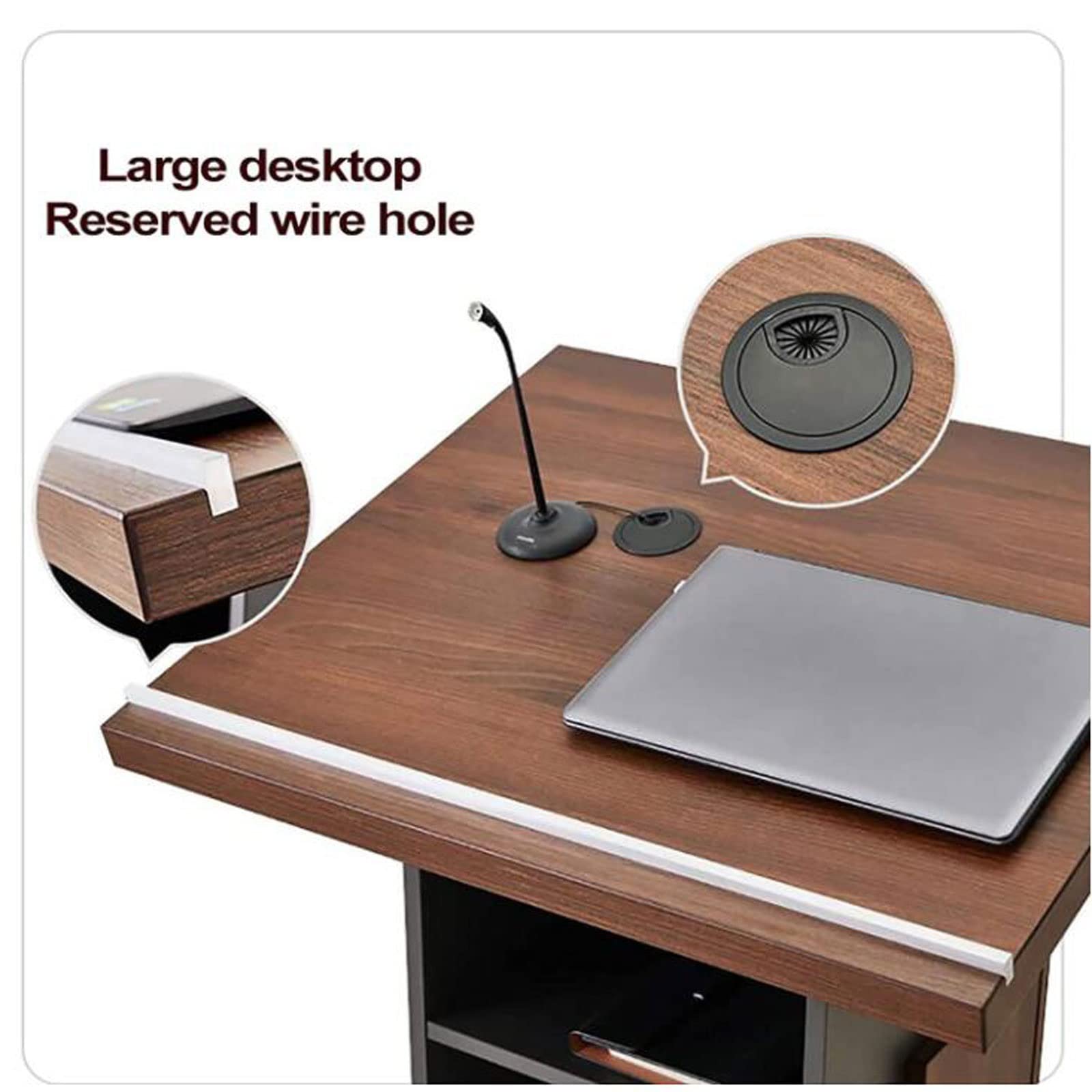 Npeeson Portable Wooden Podium Stand with Locking Wheels and Adjustable Microphone Stand, Office Conference Room Host Mobile Podium Table, Podium Desk for Teacher Auditorium Classroom