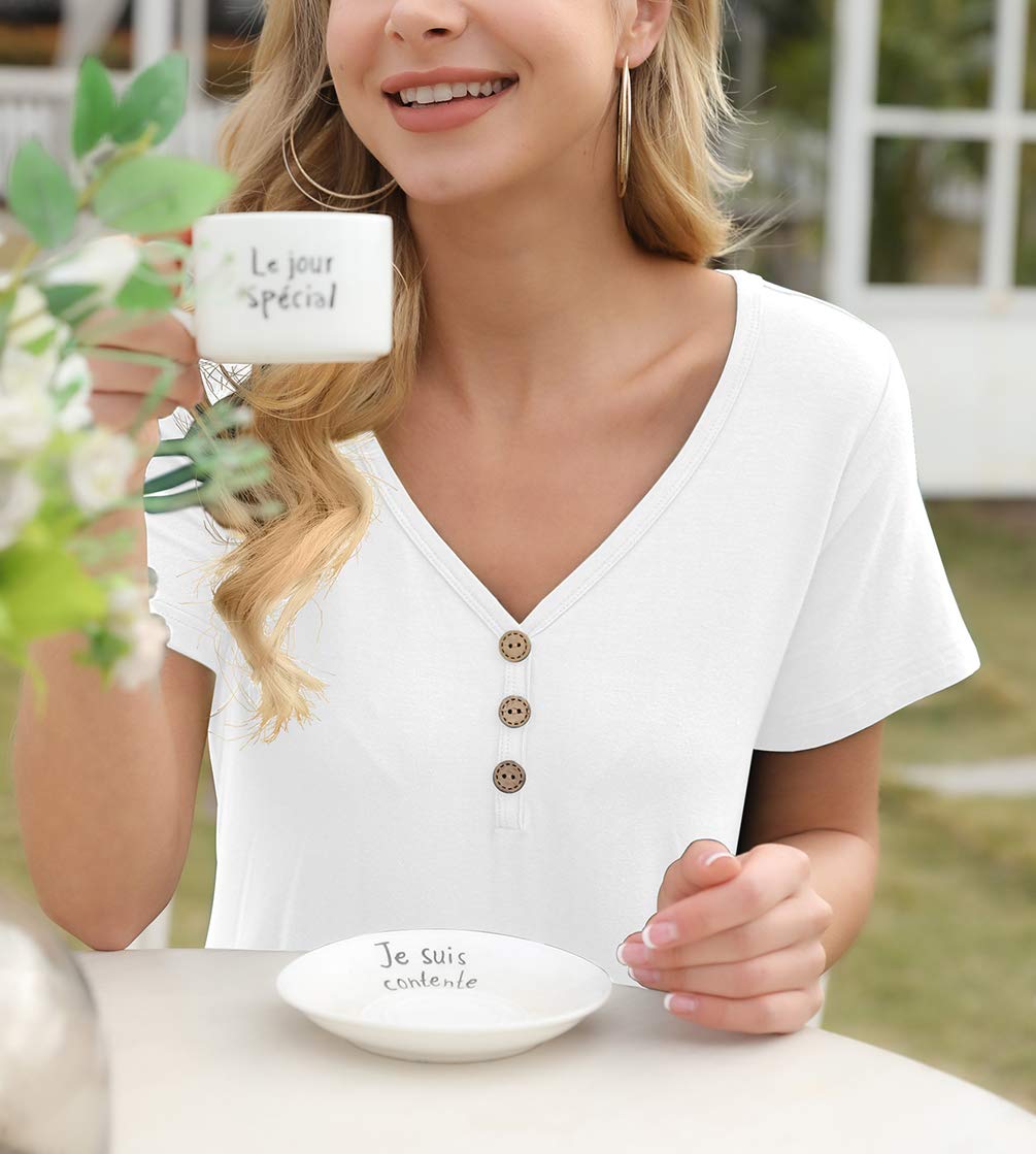 AWULIFFAN Womens Summer Short Sleeve Tunic Tops Loose Fit Casual T-Shirt Button Up Blouses(White,Large)