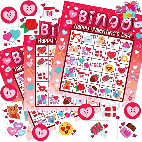 JOYIN 28 Players Valentine's Day Bingo Card for Kids and Adults, for Family/School Classroom Large Group, Party, Treats, Game