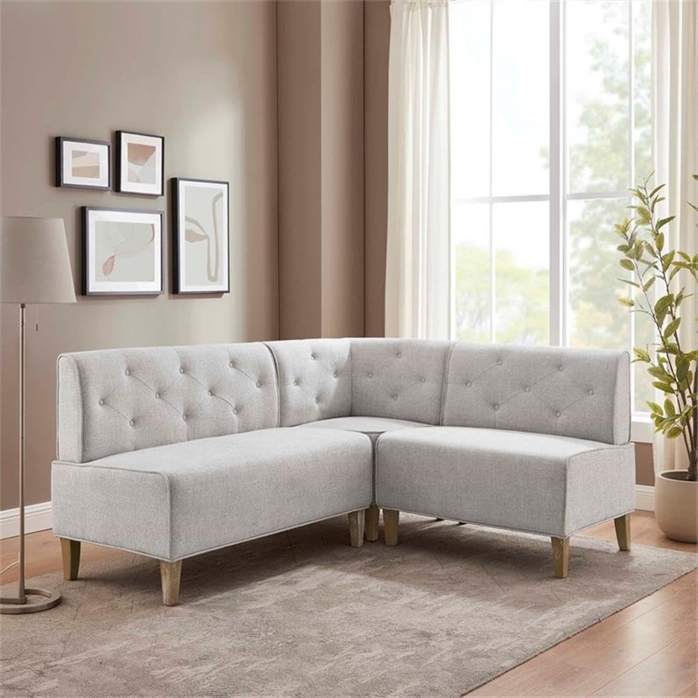 Powell Linon Hale Tufted Back Fully Upholstered Corner Nook Bench in Light Grey