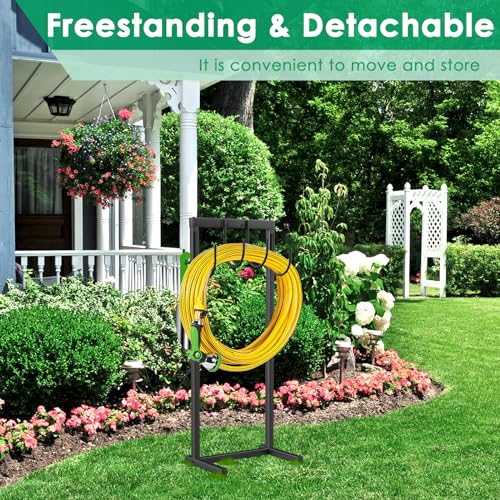 TomCare Garden Hose Holder Water Hose Holder with 4 Spikes Freestanding Garden Hose Stand Hose Storage Sturdy Hose Hanger Hose Reel Heavy Duty 6 Hooks Hose Organizer Holder for Outside, Black
