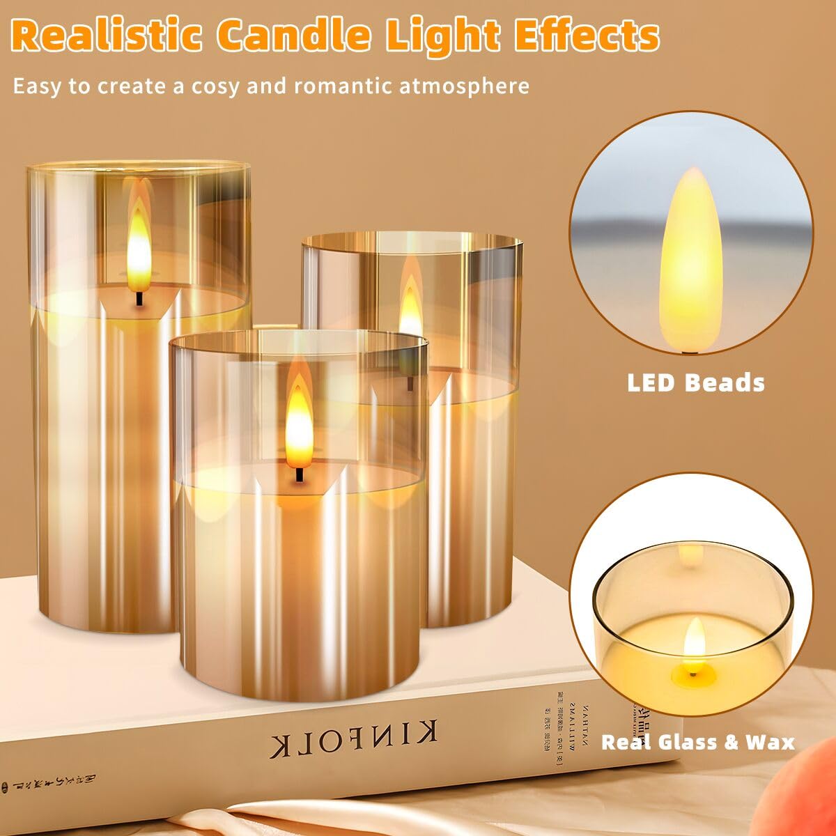 Gold Glass Flameless Candles Flickering with Remote, Timer, Battery Operated Moving Wick Realistic Warm Light Real Wax LED Candles for Party, Wedding, Festival Tabletop Decoration - Set of 3