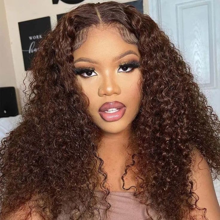 Zormsert 13x6 Chocolate Brown Deep Wave Lace Front Wigs Human Hair Colored Deep Curly Human Hair Wig 200 Density Colored Human Hair Wig Hair Pre Plucked Bleached Knots with Baby Hair 18 Inch