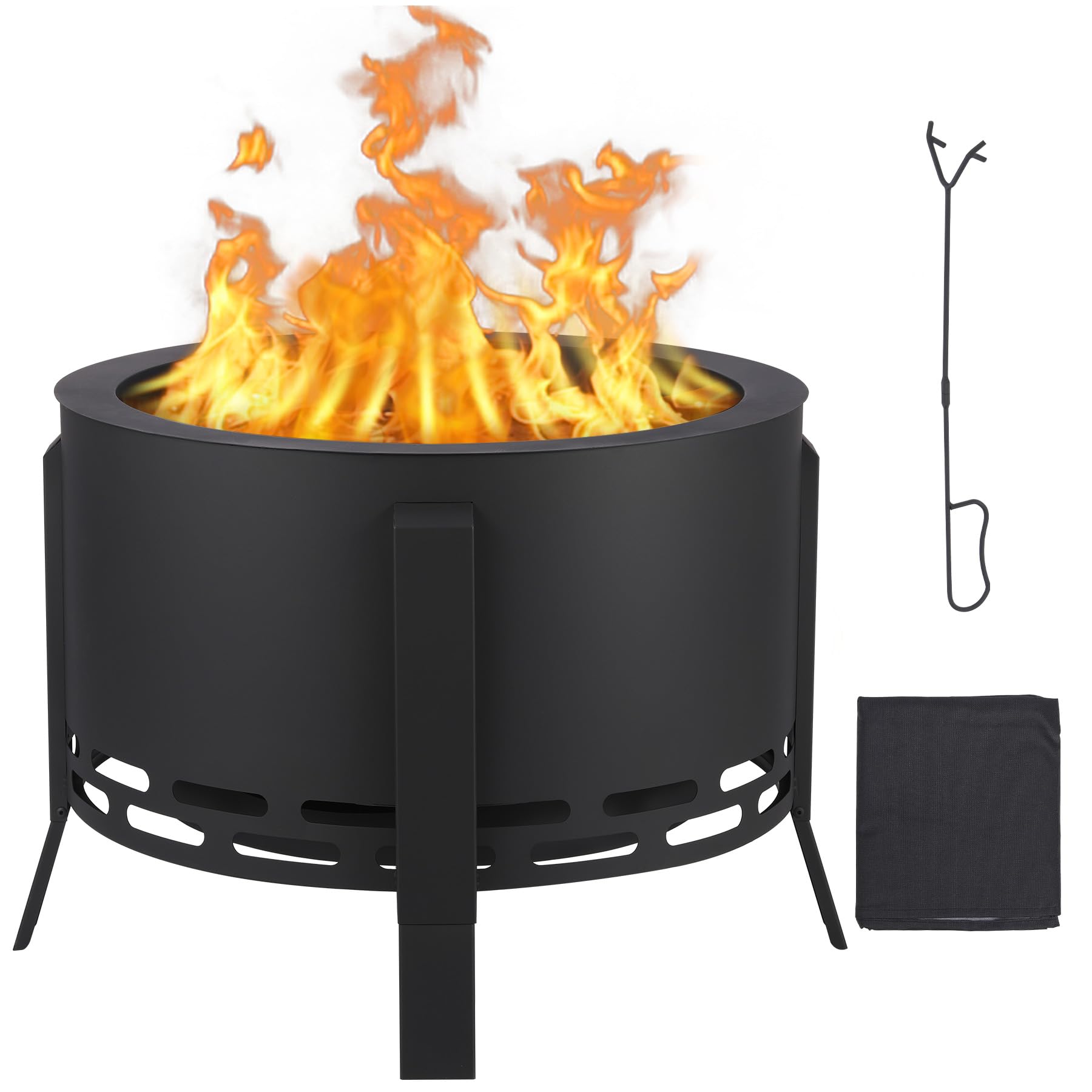 GarveeLife 26 in Smokeless Fire Pit with Ash Tray Base,Smokeless Outdoor Firepits with Adjustable Foot&Fire Poker,Firepit with Dust Bag,Outdoor Fire Pits for BBQ,Bonfire,Camping