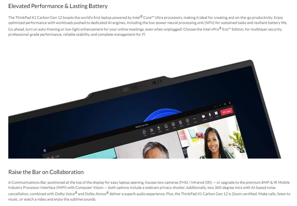Lenovo Gen 12 ThinkPad X1 Carbon Laptop with Intel Ultra 7 165U vPro Processor, 14" WUXGA 100% sRGB Touchscreen, 32GB 6400MHz RAM, 1TB Gen4 Performance SSD, FHD+ IR+ RGB Camera, and Windows 11 Pro