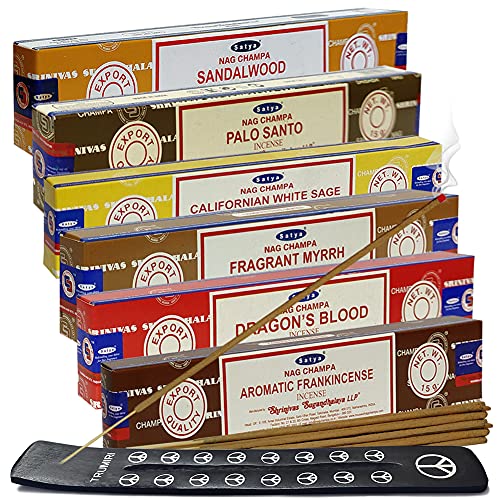 Satya Incense Sticks Variety Pack #10 and Holder Bundle with 6 Classic Fragrances Sandalwood Dragon's Blood Palo Santo White Sage