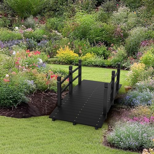 VINGLI Garden Bridge, Classic Wooden Arch with Safety Rails Footbridge (Black, 5 ft)