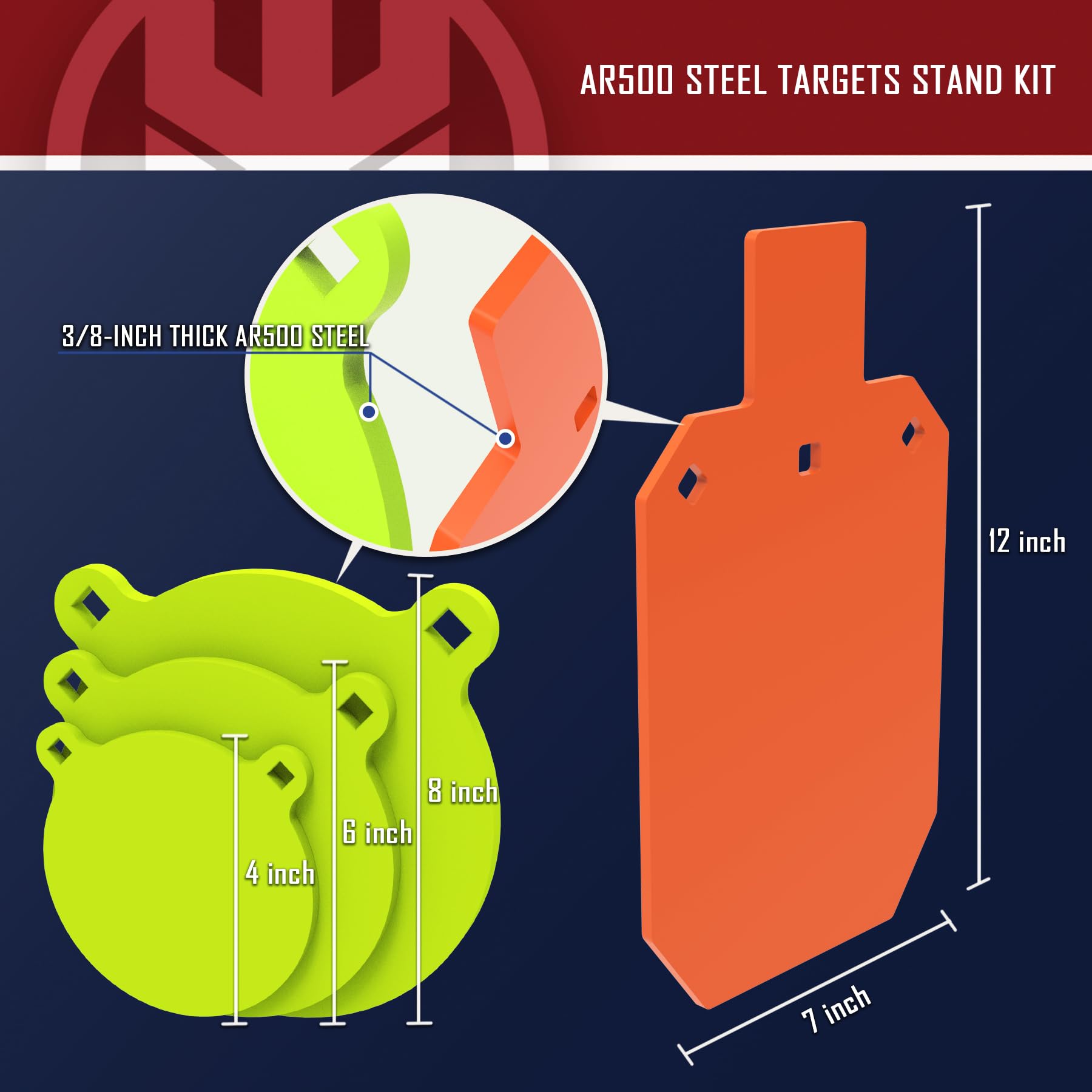 KNINE OUTDOORS AR500 Steel Target System Kit - 3/8" Thick Silhouette & Gong Targets (7"x12", 4", 6", 8"), Stand Included