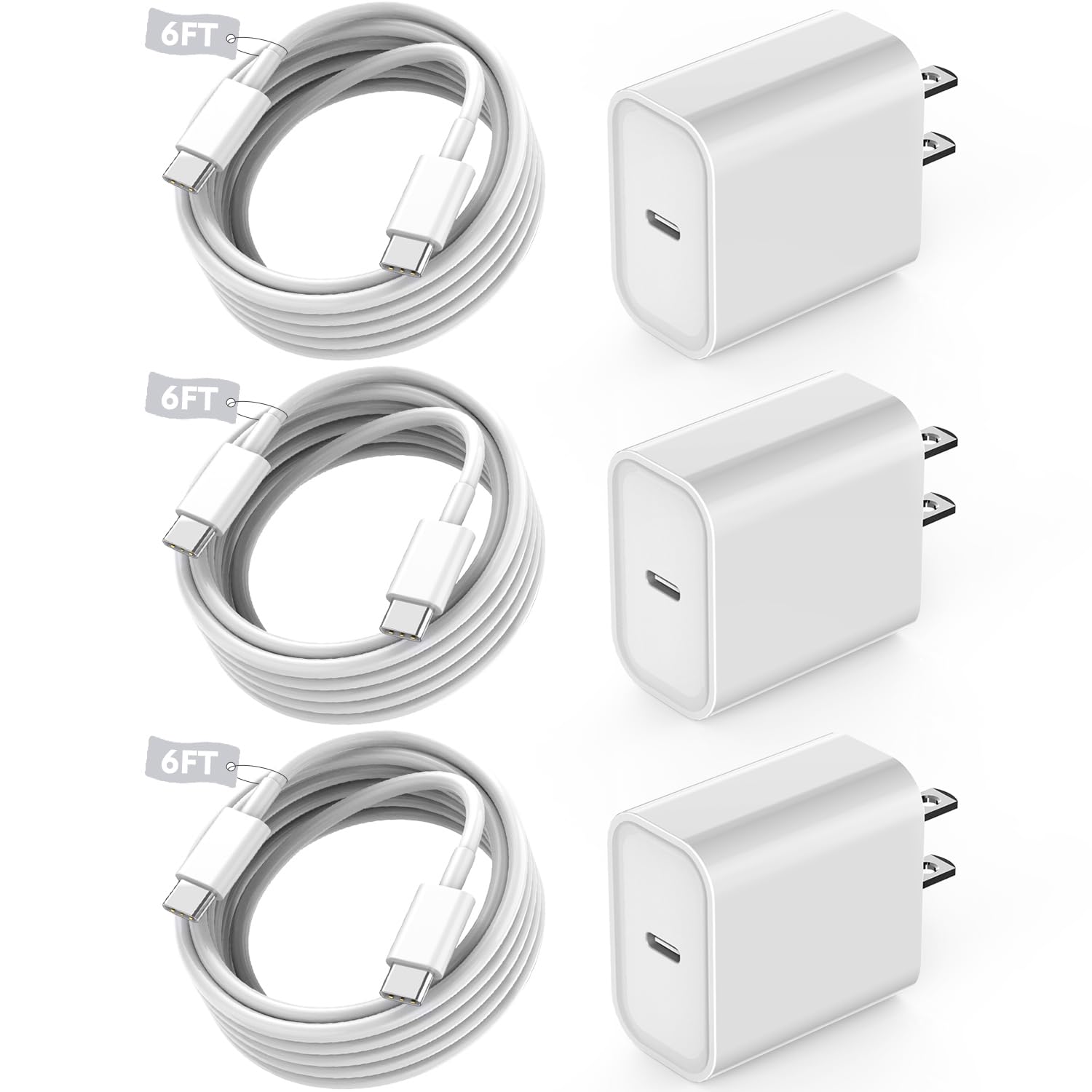 Fast USB C Charger Block,3Pack Long 6FT USB C to USB C Cable iPad Cord 20W iPhone 15 Charger Fast Charging for iPhone 15/15 Pro/Pro Max/Plus,iPad 10th,iPad Air 5/4th,iPad Mini 6th,iPad Pro 12.9/11inch