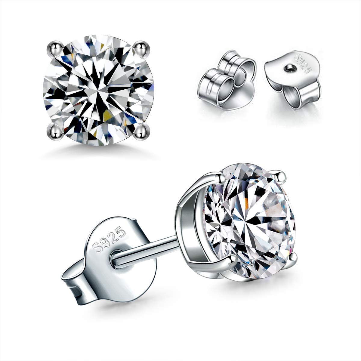 925 Sterling Silver Stud earrings Set | White Gold Plated Hypoallergenic Stud Earrings | Cubic Zirconia Stud Earrings for Women Girls (3mm,4mm,5mm,6mm)