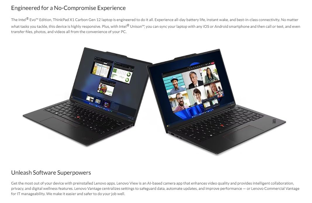 Lenovo Gen 12 ThinkPad X1 Carbon Laptop with Intel Ultra 7 155U Processor, 14" WUXGA 100% sRGB Non-Touch Display, 32GB 6400MHz RAM, 512GB Gen4 Performance SSD, FHD+ IR+ RGB Camera, and Windows 11 Pro