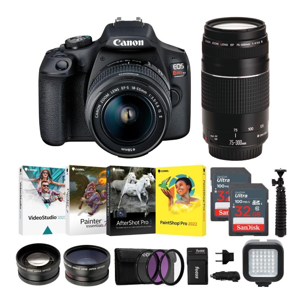Canon T7 EOS Rebel DSLR Camera with EF-S 18-55mm and EF 75-300mm Lenses Kit and Two 32GB Cards Pack with Accessory Bundle