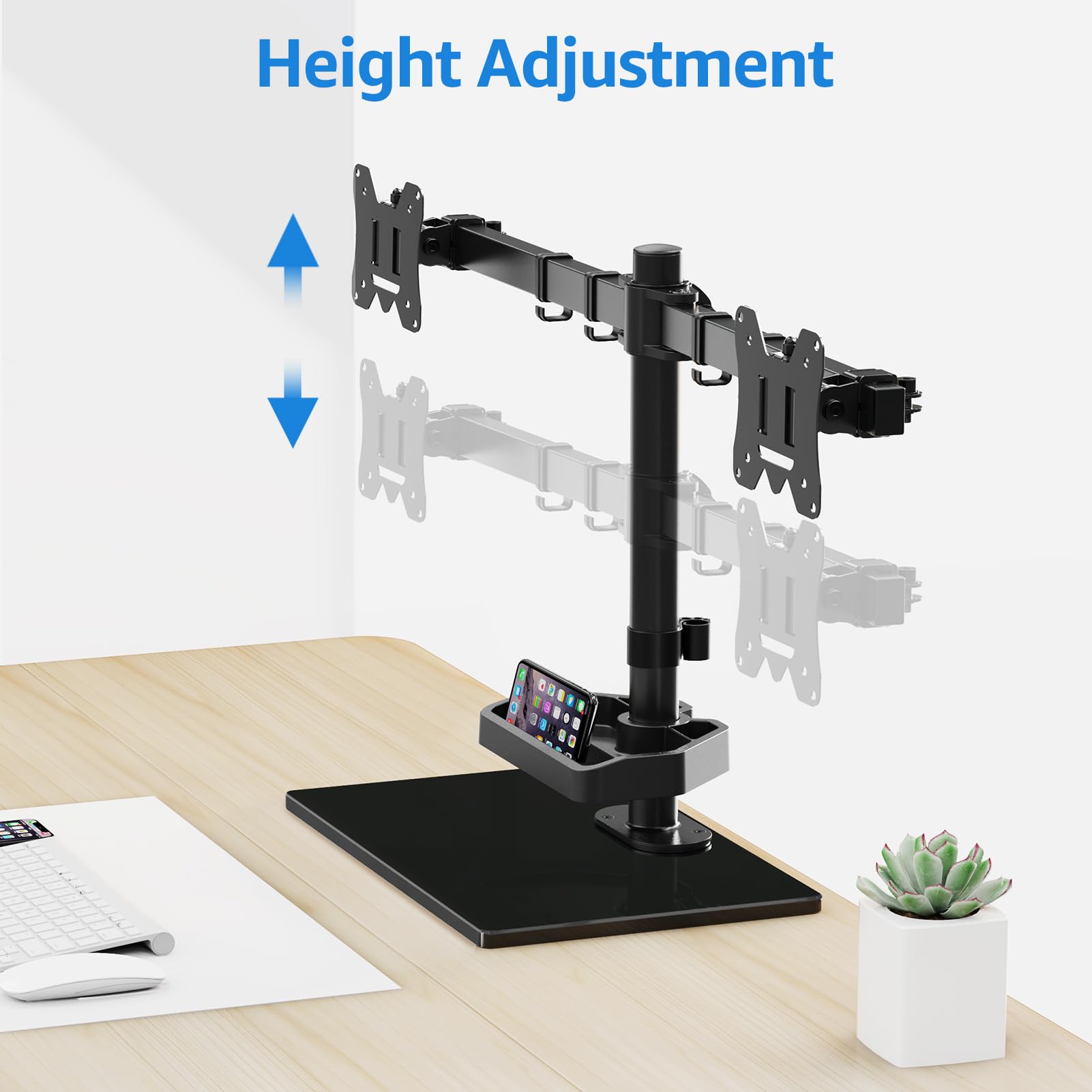 MOUNTUP Dual Monitor Stand, Free Standing Monitor Desk Mount for 2 Screens fits 13-27 inch, Holds Max 17.6 lbs, Computer Monitor Arms with Tempered Glass Base & Storage Tray VESA 75x75 &100x100mm