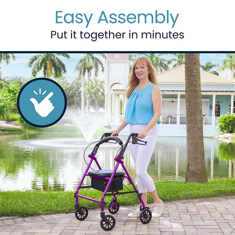 Vive Mobility Steel Rollator Walker with Seat - Foldable, Narrow, Rolling Senior Walker for Small Spaces - 4 Wheel Lightweight Adult Easy Drive with Underseat Storage, Adjustable Height (Purple)