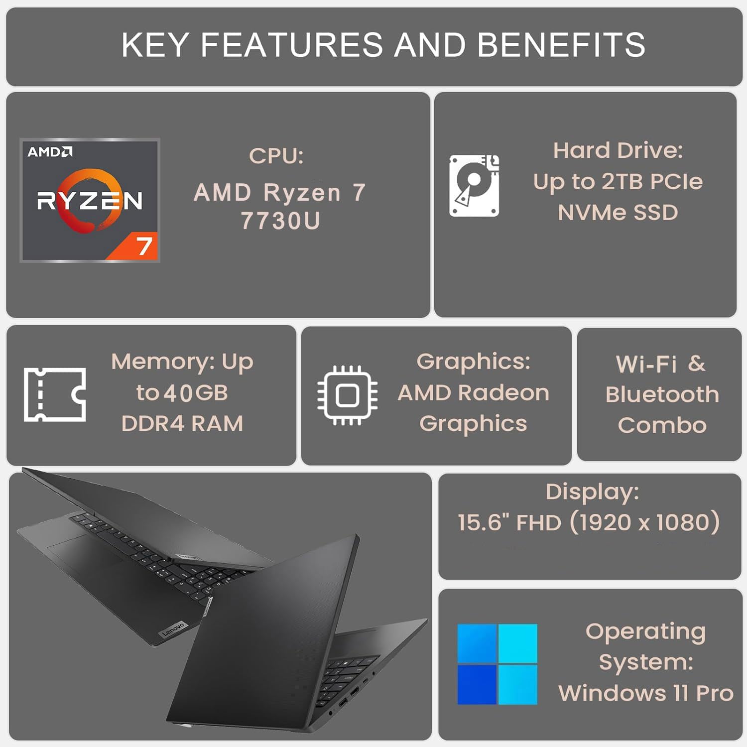 Lenovo V-Series V15 Business Laptop, 15.6" FHD Display, AMD Ryzen 7 7730U, 16GB RAM, 512GB SSD, Numeric Keypad, HDMI, RJ45, Webcam, Wi-Fi, Windows 11 Pro, Black