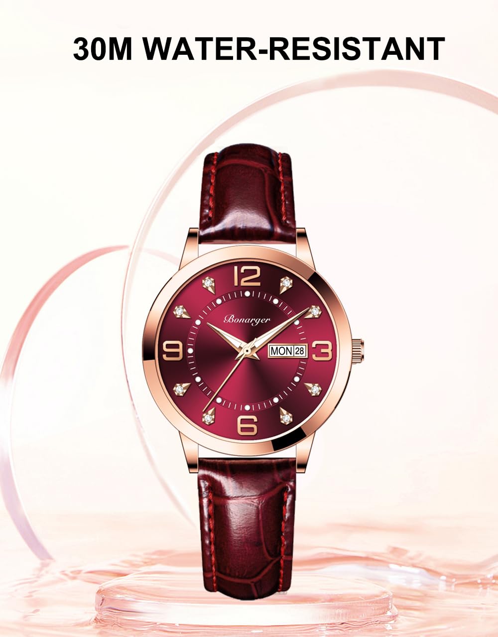 BESTKANG Leather Women Watches Ladies Dress Analog Quartz Date Classic Luminous Leather Strap 3ATM Waterproof Female Wrist Watch (Wine red)