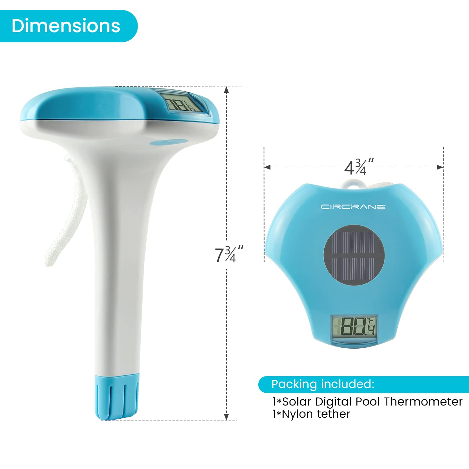 Circrane Solar Digital Pool & Spa Thermometer, Weather Resistant Floating Thermometer, IPX-8 Water Proof, 10s Measuring Cycle, Solar Powered with 270 Days Battery Life, Blue