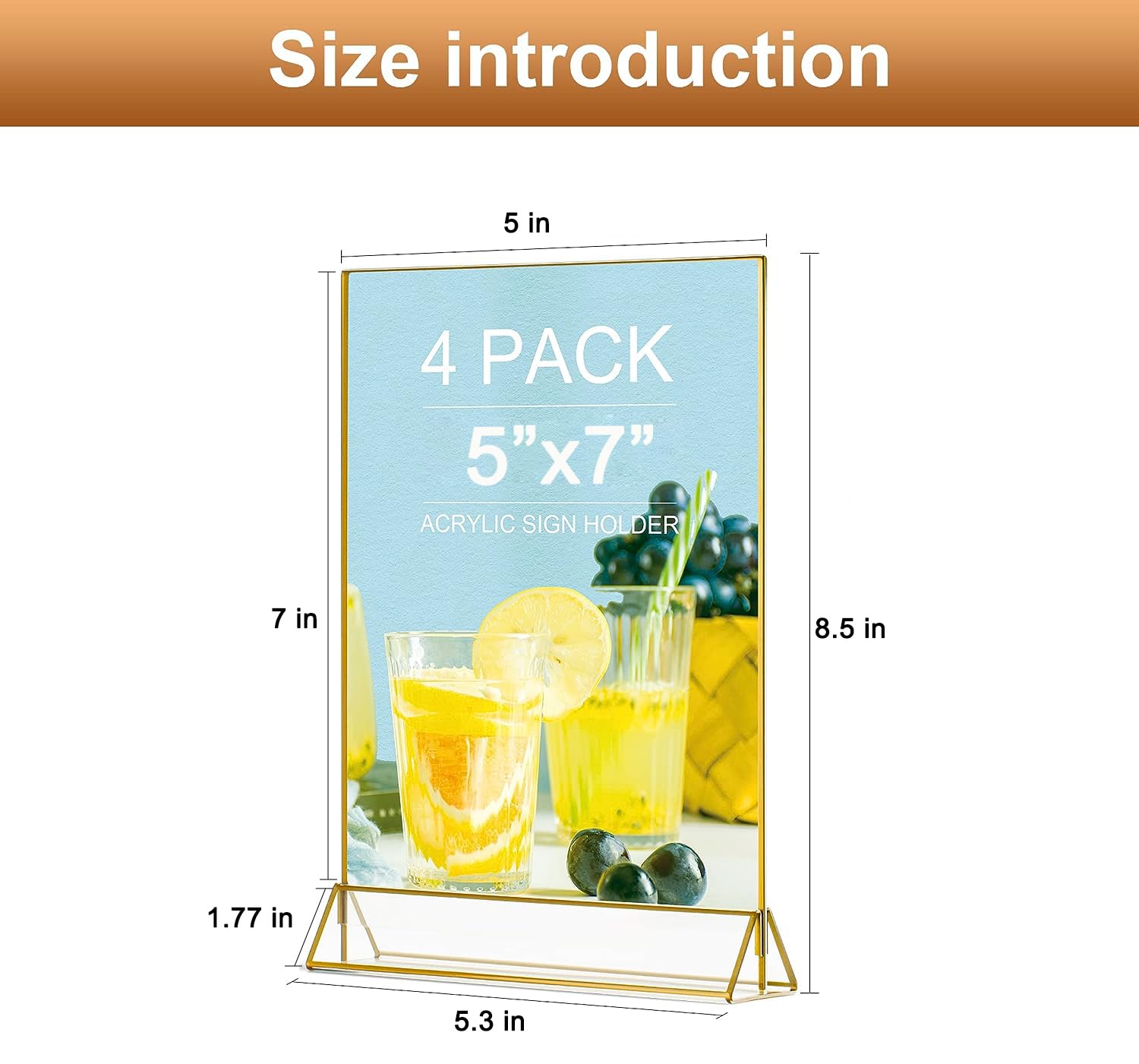 VORIOB Acrylic Sign Holder 5X7 Gold Frames,Clear Sign Holder,Table Sign Holder for Wedding Table Numbers Art Display 4Pack