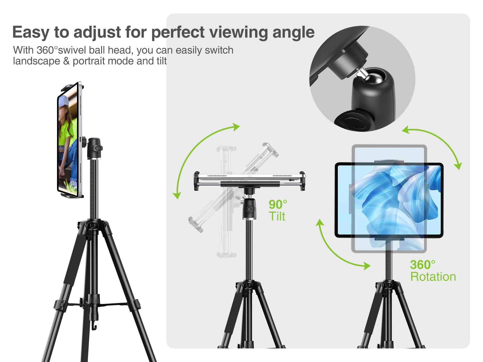 Elitehood 68" Heavy Duty iPad Tripod, Ultra-Stable Camera Tripod for iPad Pro 12.9, iPad Stand Mount for Video Recording/Photography, Compatible with 4.7-13inch Tablet/iPad Pro/Webcam/DSLR