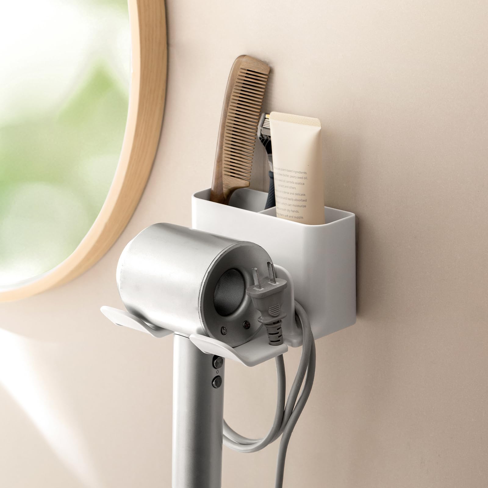 PAVSTINE Hair Dryer Holder Universal Wall Mount Blow Dryer Holder Strong Self Adhesive Hair Dryer Hanger with Plug&Cord Organizer Rack for Dyson Hair Dryer Holder Bathroom, Vanity, Cabinet, White