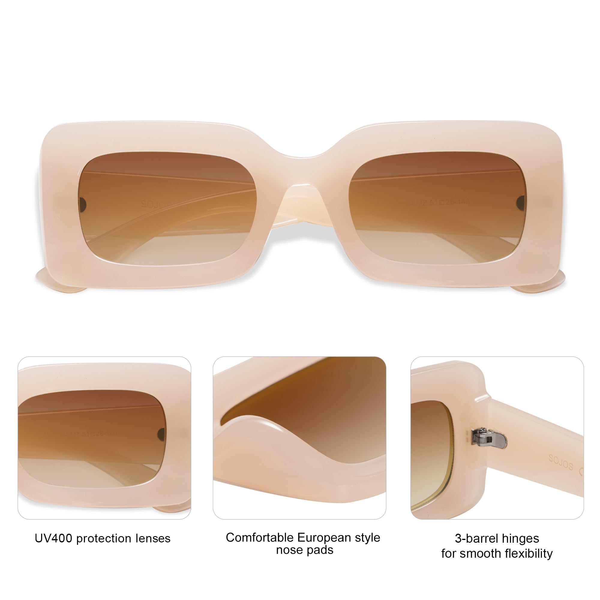 SOJOS Retro 90s Nude Rectangle Sunglasses Womens Mens Trendy Chunky Glasses Beige Frame Brown Lens