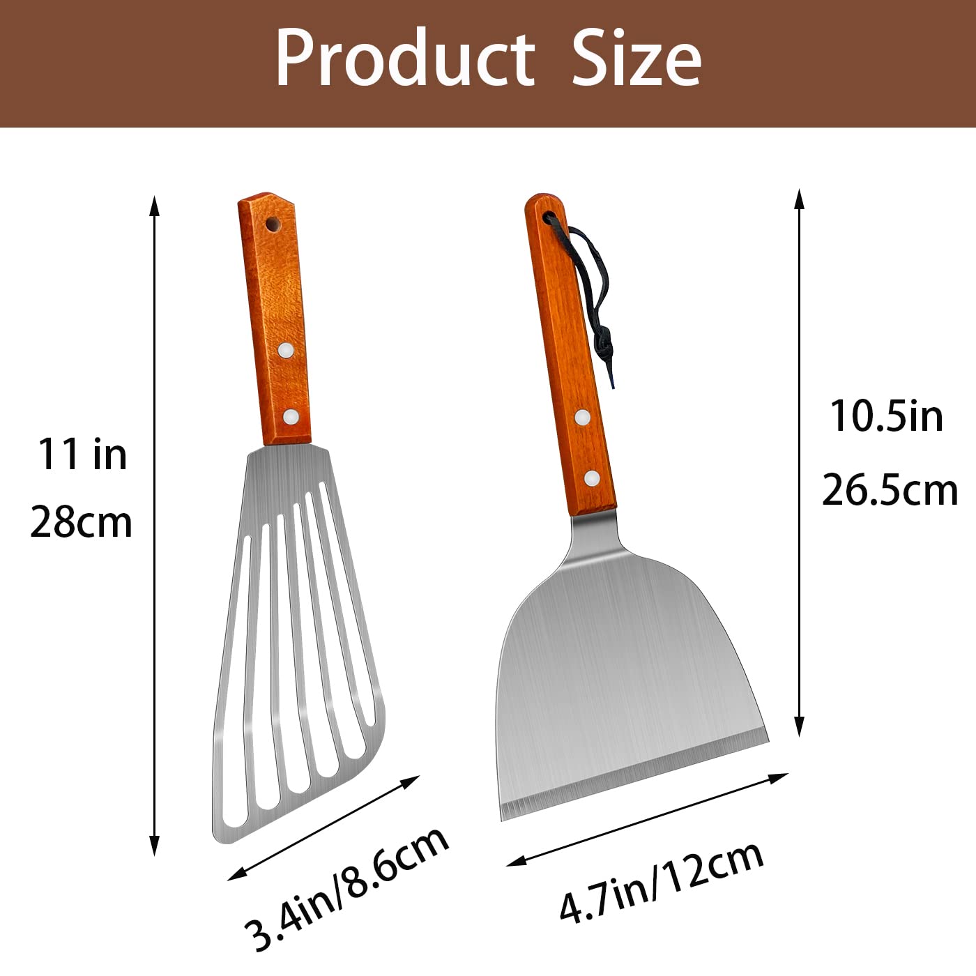 KLAQQED Spatula, Metal Spatulas Set, Stainless Steel Spatula, Fish Spatula Turner Cooking BBQ Grill Griddle Spatula, Metal Spatula for Cast Iron Skillet, Small Wide Kitchen Spatulas with Wood Handle