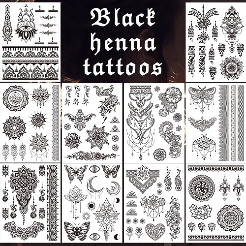 VIWIEU Fake Small Black Henna Temporary Tattoos 10 Pack for Adult Women, Realistic Flower Lace Finger Hand Arm Removable Body Art Stickers Summer Wedding Party Bridal Favors, Long Lasting Waterproof