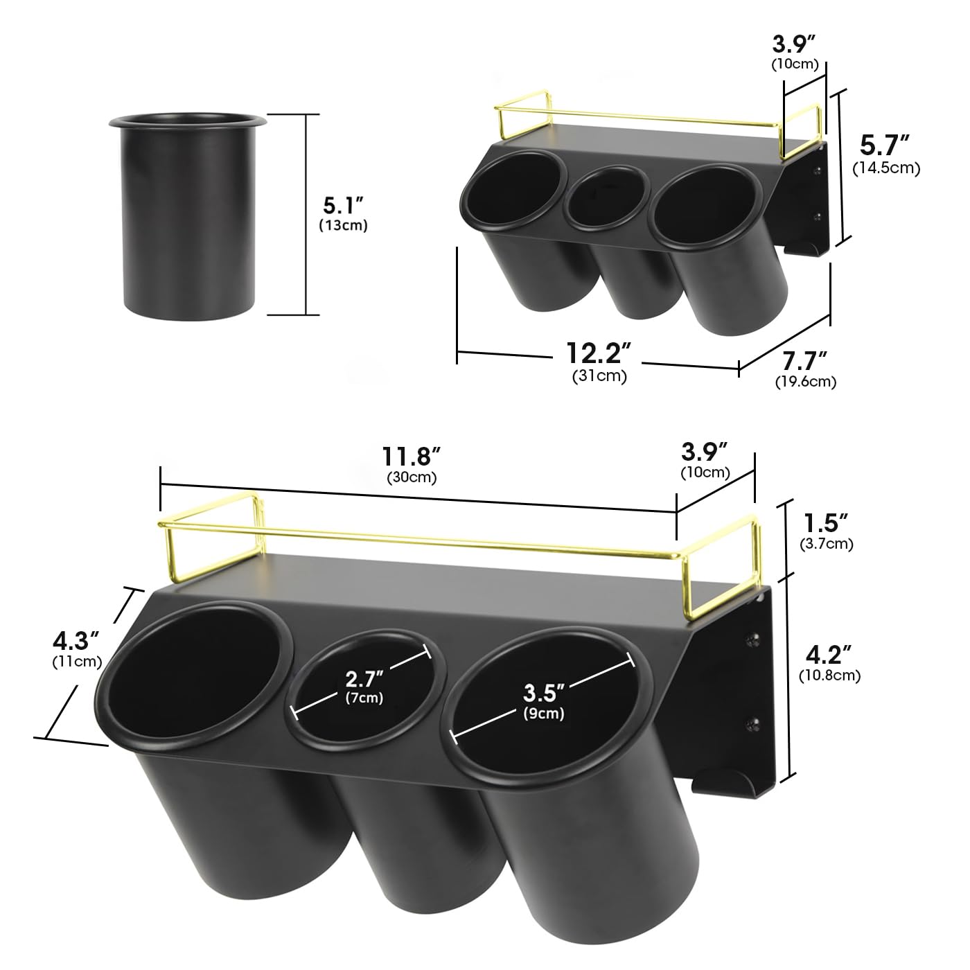 J JACKCUBE DESIGN Hair Dryer Holder Wall Mount Bathroom Vanity Hair Styling Care Tool Accessories 3 Cups Storage Organizer Caddy with Shelf Steel Black Gold- MK1002A (Black)