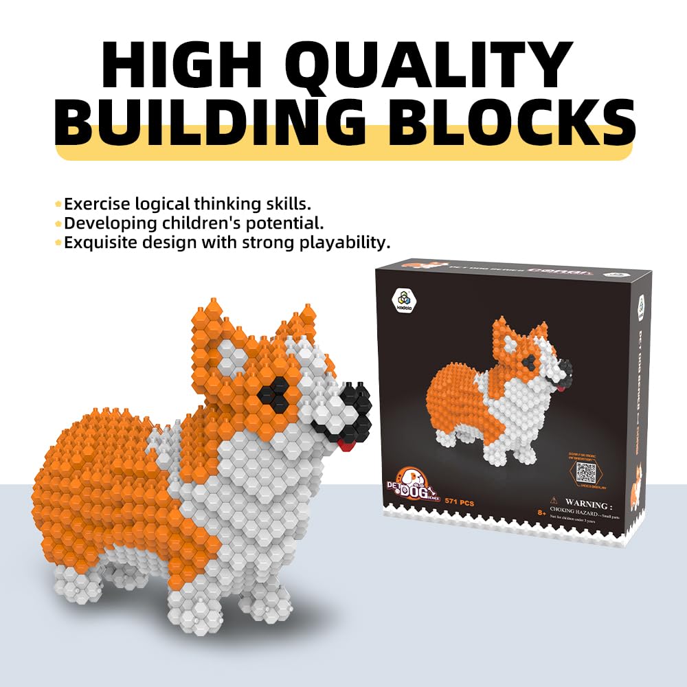 KADELE Cute Dog Building Animal Sets, Extremely Challenging STEM Building Blocks Decor for Adults Kids, Micro 3D Educational Toys for Boys Girls Ages 8 and Up,Corgi