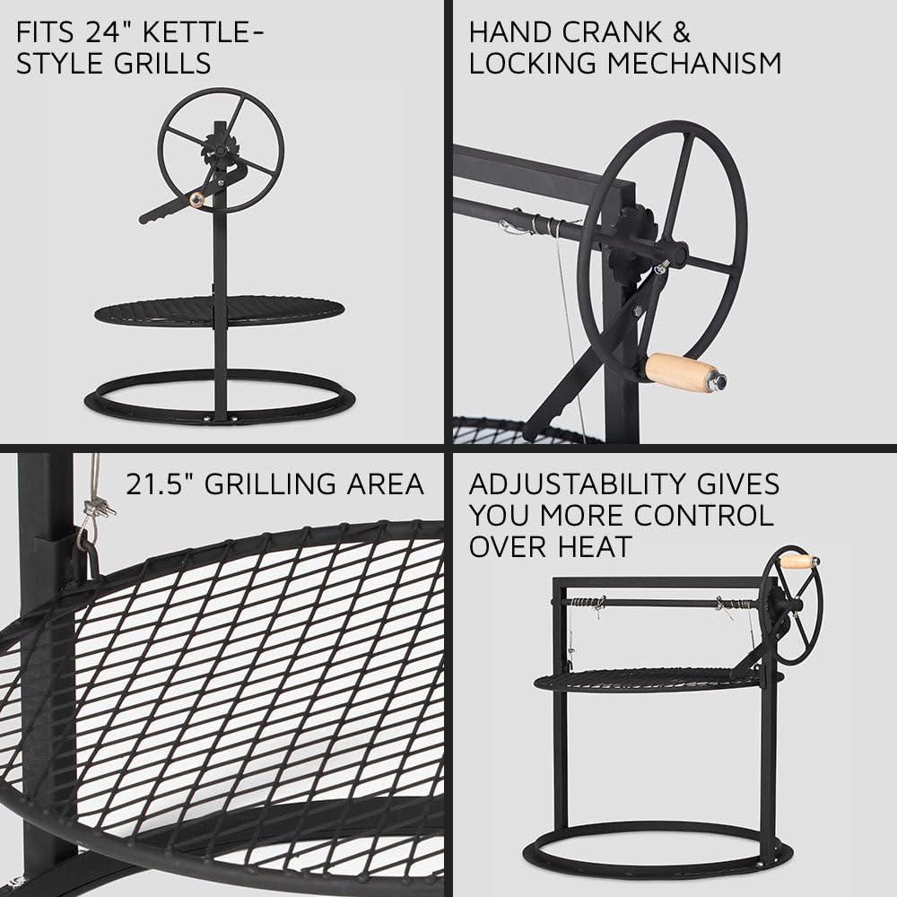Ash & Ember Santa Maria Style Adjustable Cooking Grate Attachment, Fits 24" Kettle-Style Grills, Open Flame Campfire Cooking Grate, Outdoor Grill Cooking Accessories