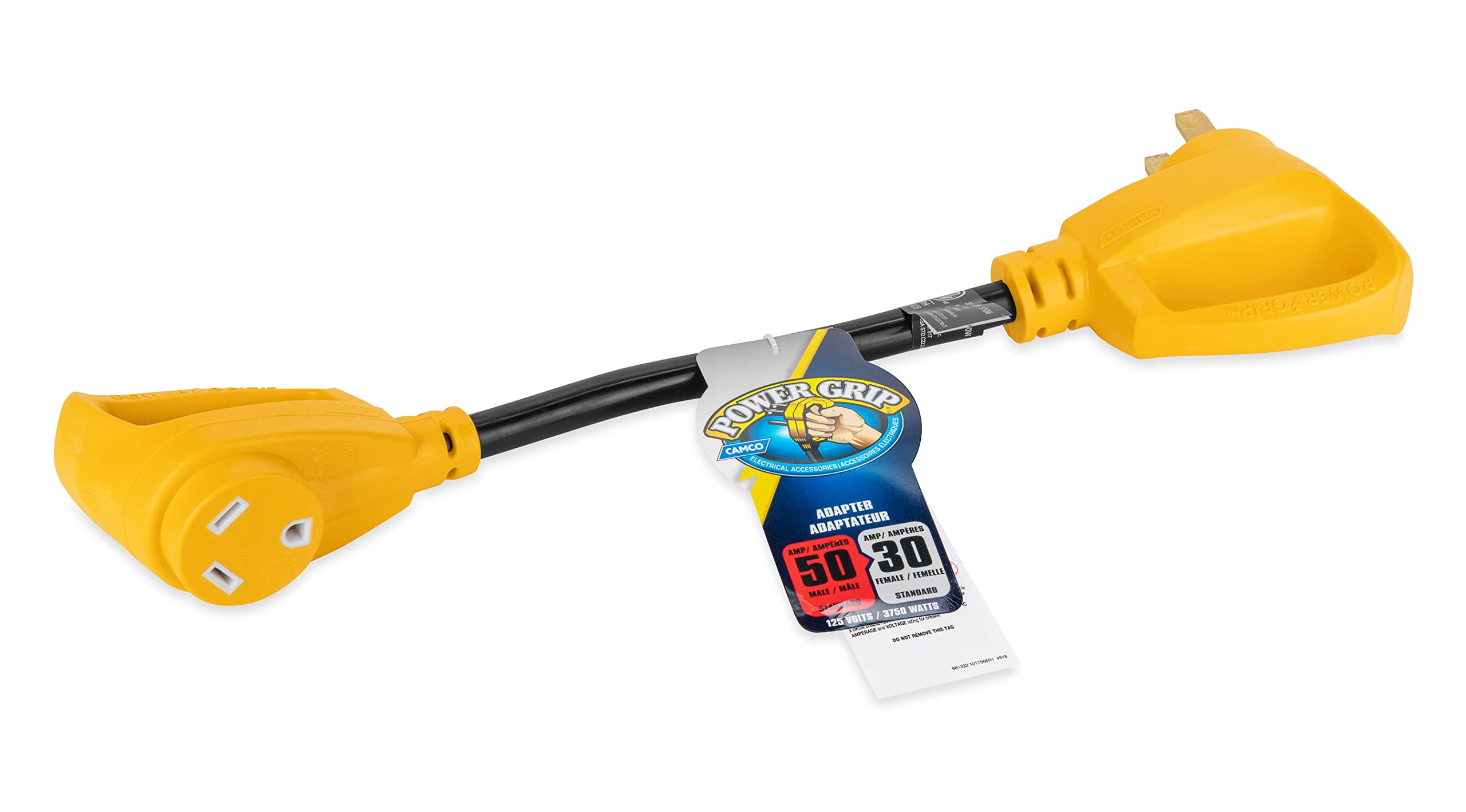 Camco PowerGrip Camper/RV Dogbone Electrical Adapter - Features Heavy-Duty 50-Amp Male and 30-Amp Female Connections - Crafted of 100% Copper 10/3-Gauge Wires & Rated for 125V/3750W (55175)