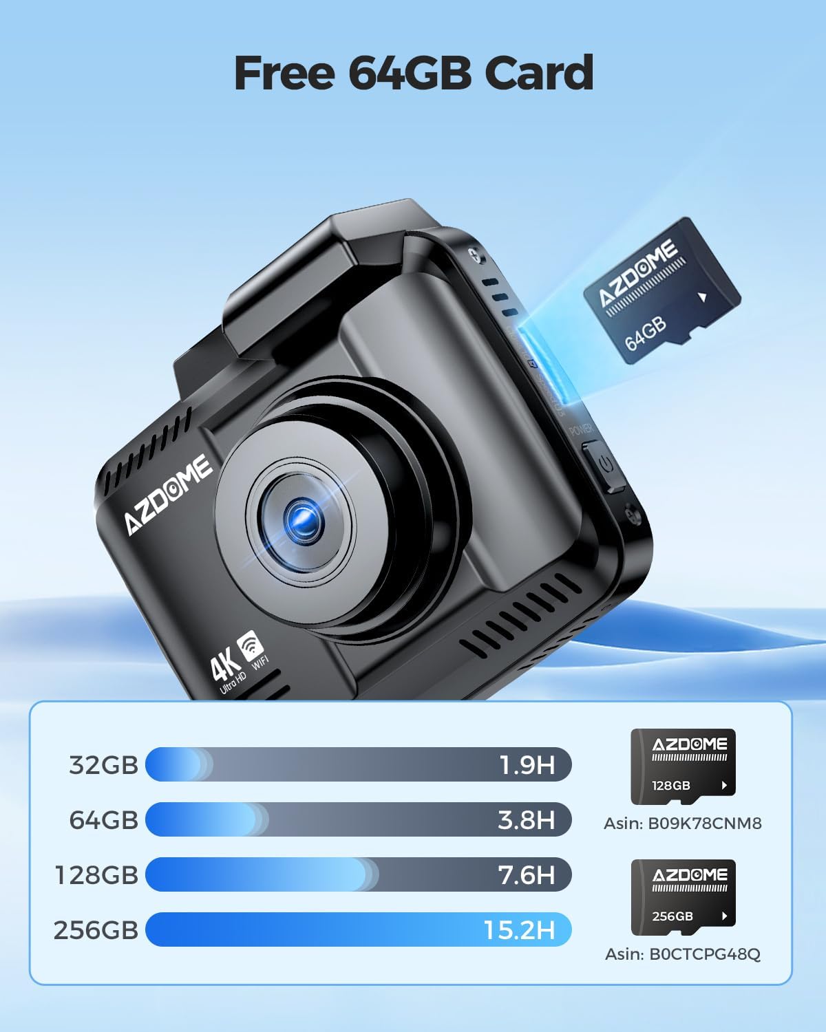 AZDOME 4K Dash Cam Front and Rear, 2160P Car Camera for Car, 64GB Card Included, WiFi Dash Cam with GPS and Speed, 2.4" Screen Dashcam with WDR Night Vision Motion Detection 24H Parking Mode GS63H Pro