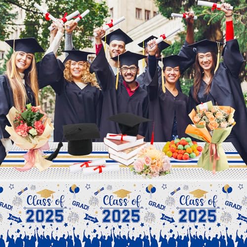 Graduation Decorations Class of 2025 Tablecloth - 3 Pcs Plastic Congrats Grad Table Cloth, Graduation Table Cover for Graduations Party Decorations 2025 and Party Supplies, 54"x108" (Blue and Gold)