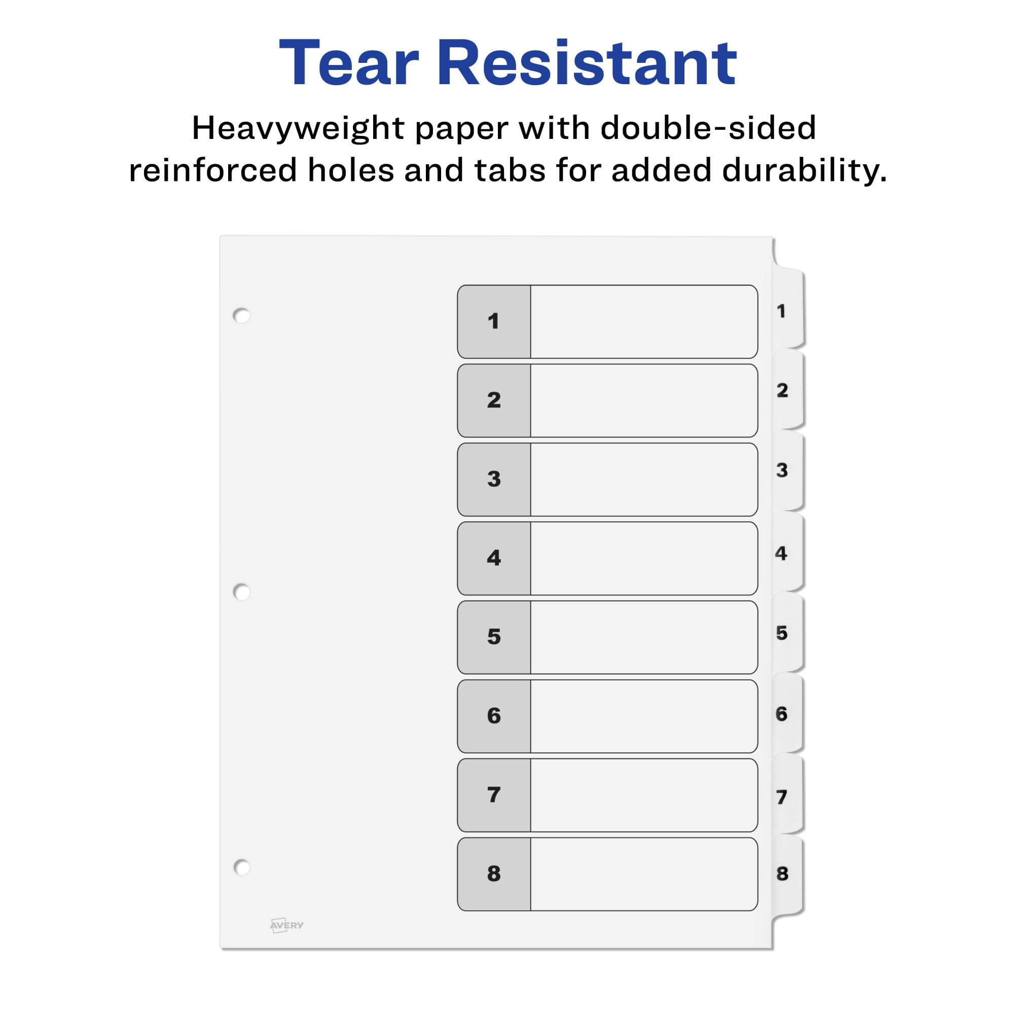 Avery 8 Tab Dividers for 3 Ring Binders, Customizable Table of Contents, Classic White Tabs, 6 Sets (11822)