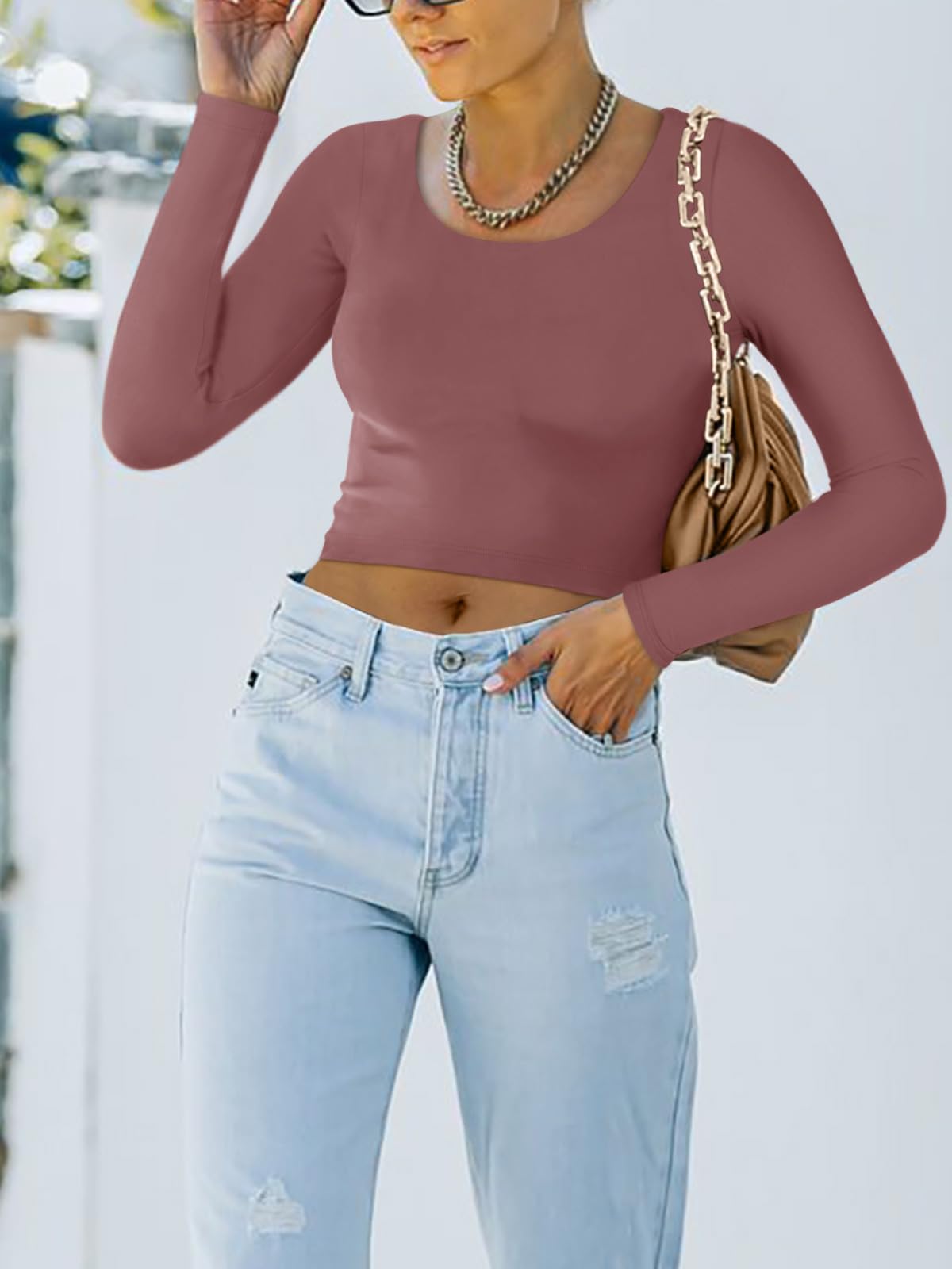 REORIA Women's Cute Long Sleeve Crew Neck Double Lined Going Out Crop Tops Fashion Tight T Shirts Slim Fit Basic Tee Tops for Teen Girls Masala Small