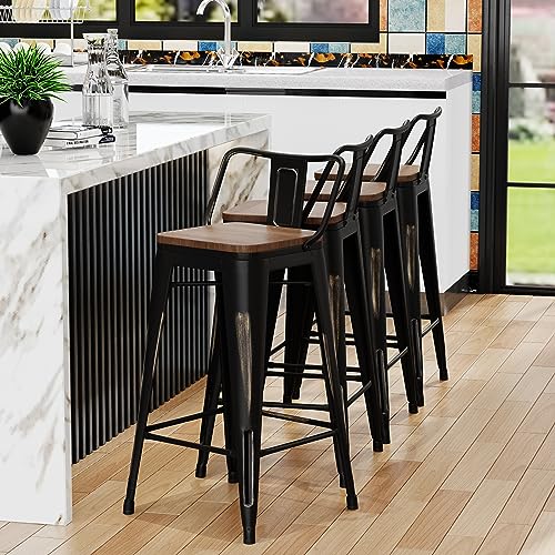 Alunaune 24" Industrial Metal Bar Stools Set of 4 Counter Height Barstools Kitchen Bar Chairs with Modern Wooden Seat, Distressed Gold Black