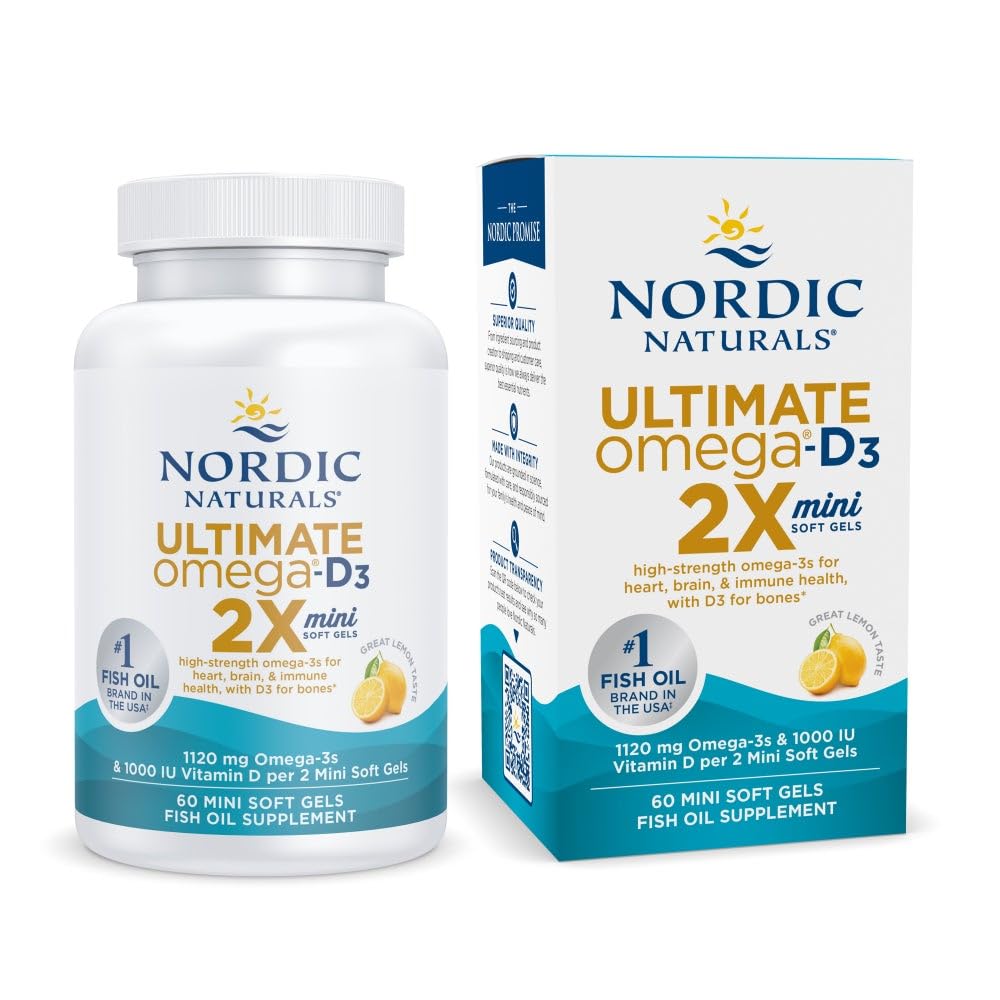 Nordic Naturals Ultimate Omega 2X Mini D3, Lemon Flavor - 1120 mg Omega-3 + 1000 IU Vitamin D3-60 Mini Soft Gels - Omega-3 Fish Oil - EPA & DHA - Promotes Brain & Heart Health - 30 Servings