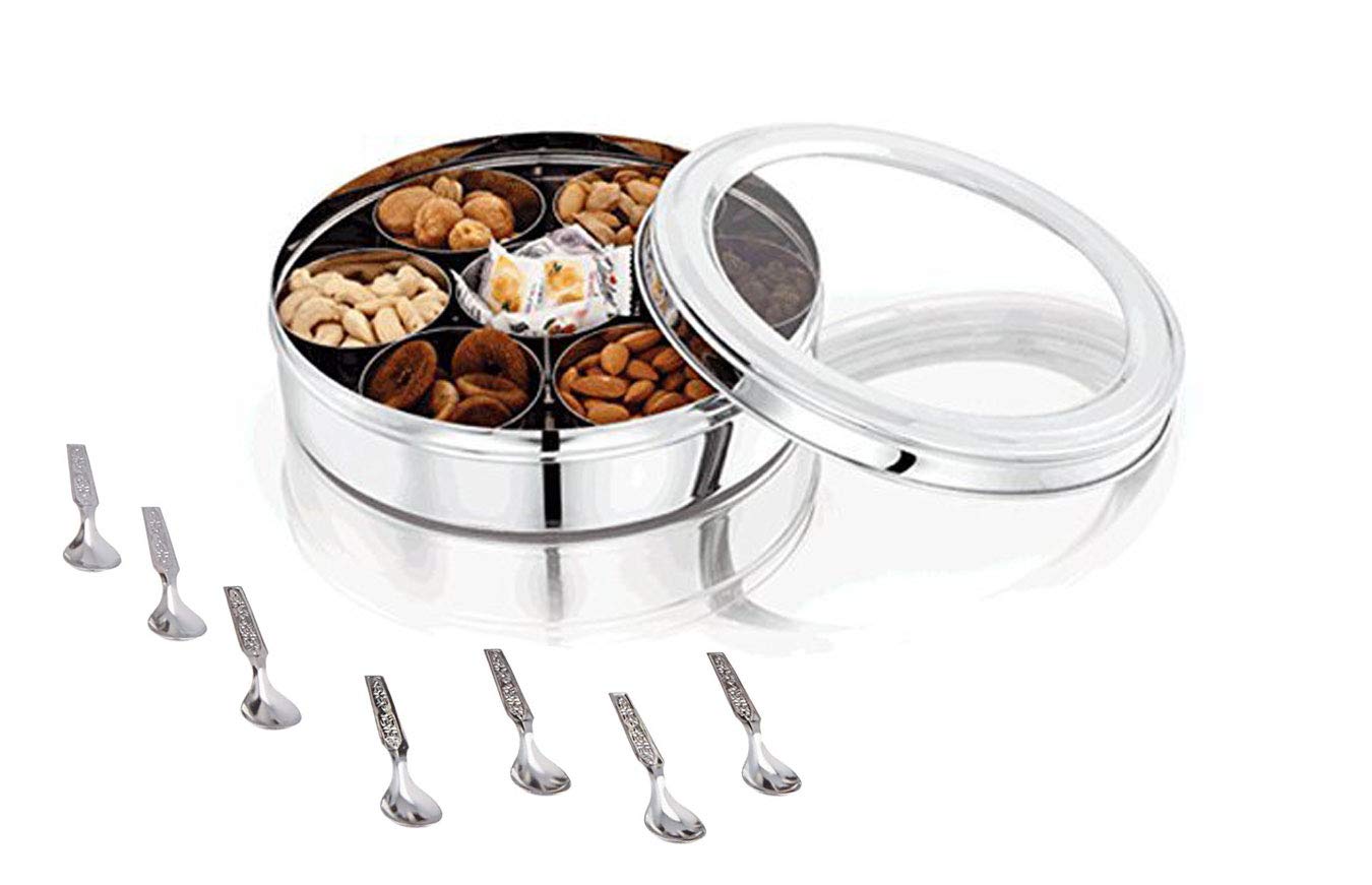 SHOURYA TRADING Stainless Steel Spice box with Non Breakable Transparent glass,Stainless Steel Spice Box with 7 container and 7 Small Spoons,Spice Box,Size 12 No,Color-Silver