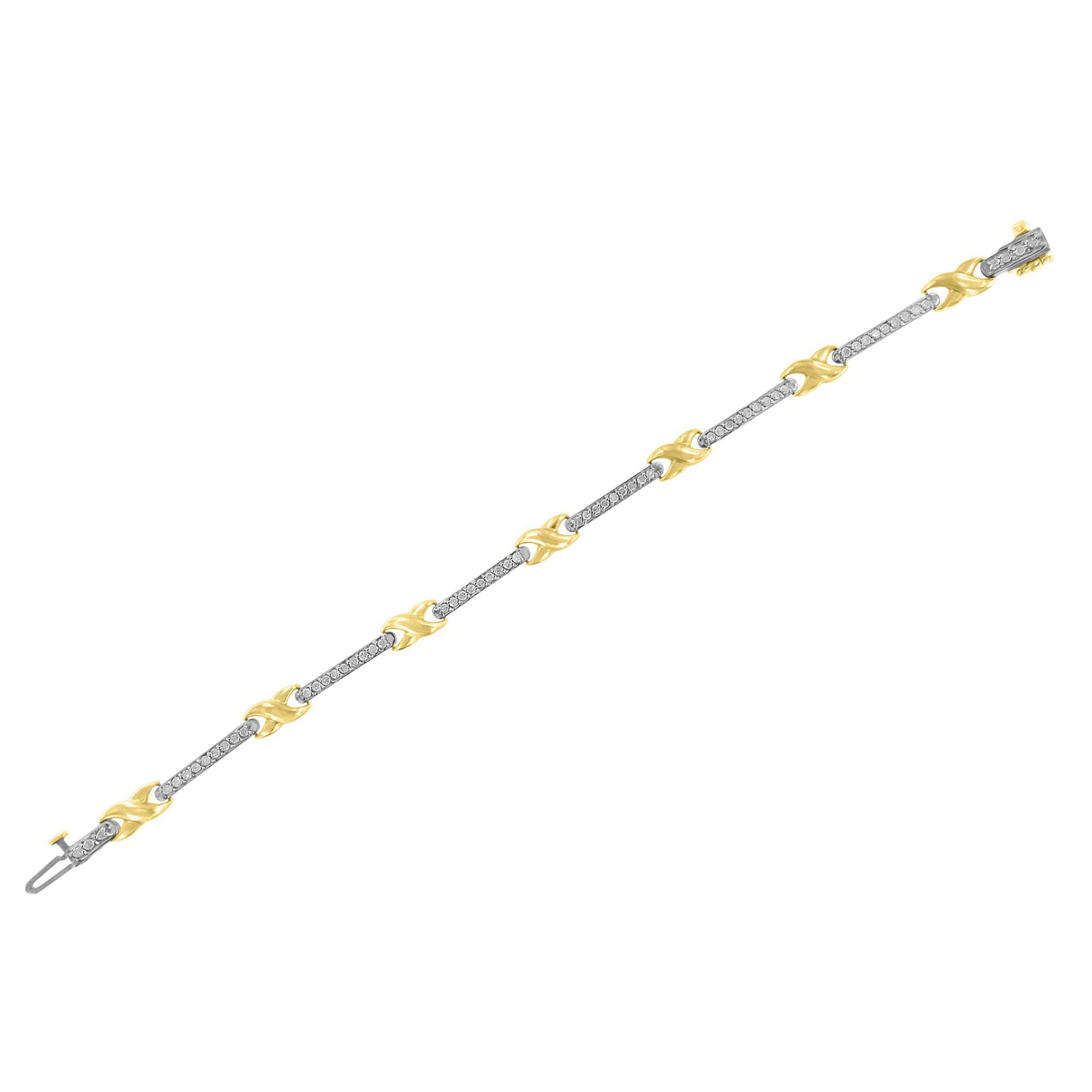 10K Yellow Gold 1.00 Cttw Pave Set Diamond Bar and X-Link 7" Bracelet (I-J Color, I3 Quality)