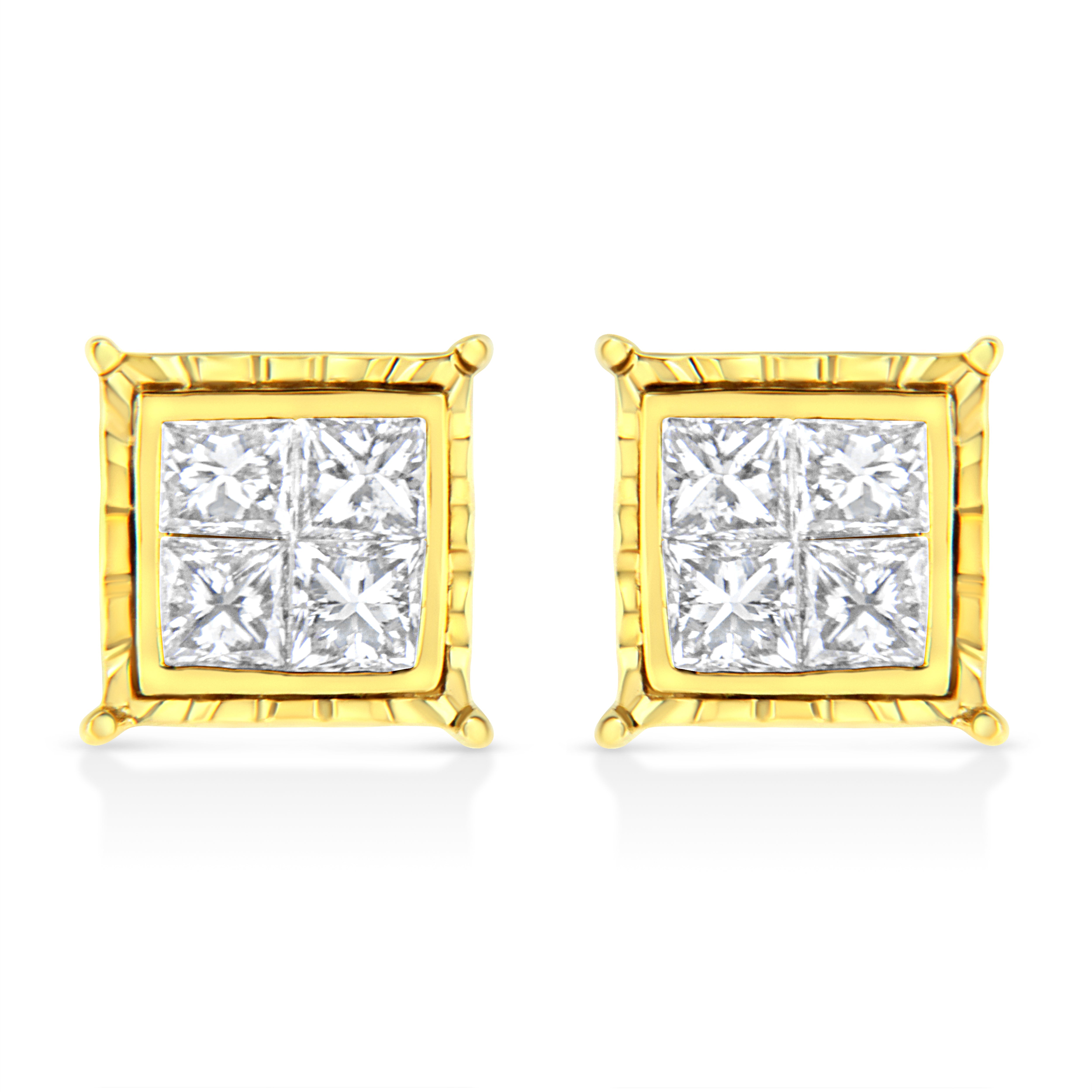 14K Yellow Gold 1.0 Cttw Invisible Set Princess-Cut Diamond Composite 8 Stone Stud Earrings (I-J Color, SI1-SI2 Clarity)