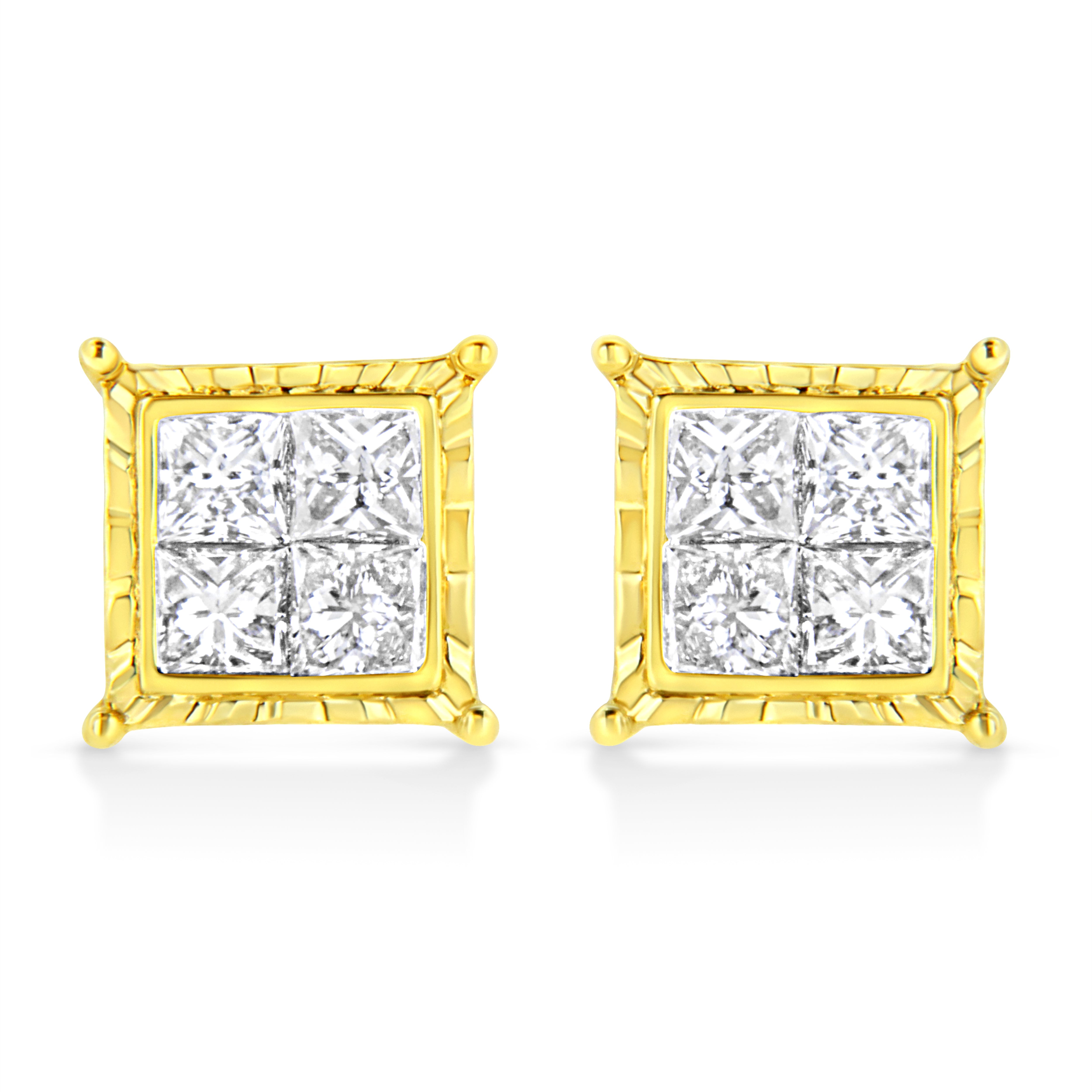 14K Yellow Gold 1.0 Cttw Invisible Set Princess-Cut Diamond Composite 8 Stone Stud Earrings (I-J Color, SI1-SI2 Clarity)