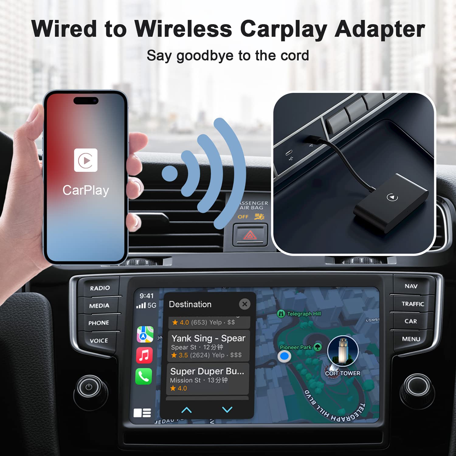 Wired CarPlay Convert Cars Wireless CarPlay, Apple CarPlay Wireless Adapter,Wireless Fast and Easy Use Fit for Cars from 2015 & iPhone iOS 10+(Black)