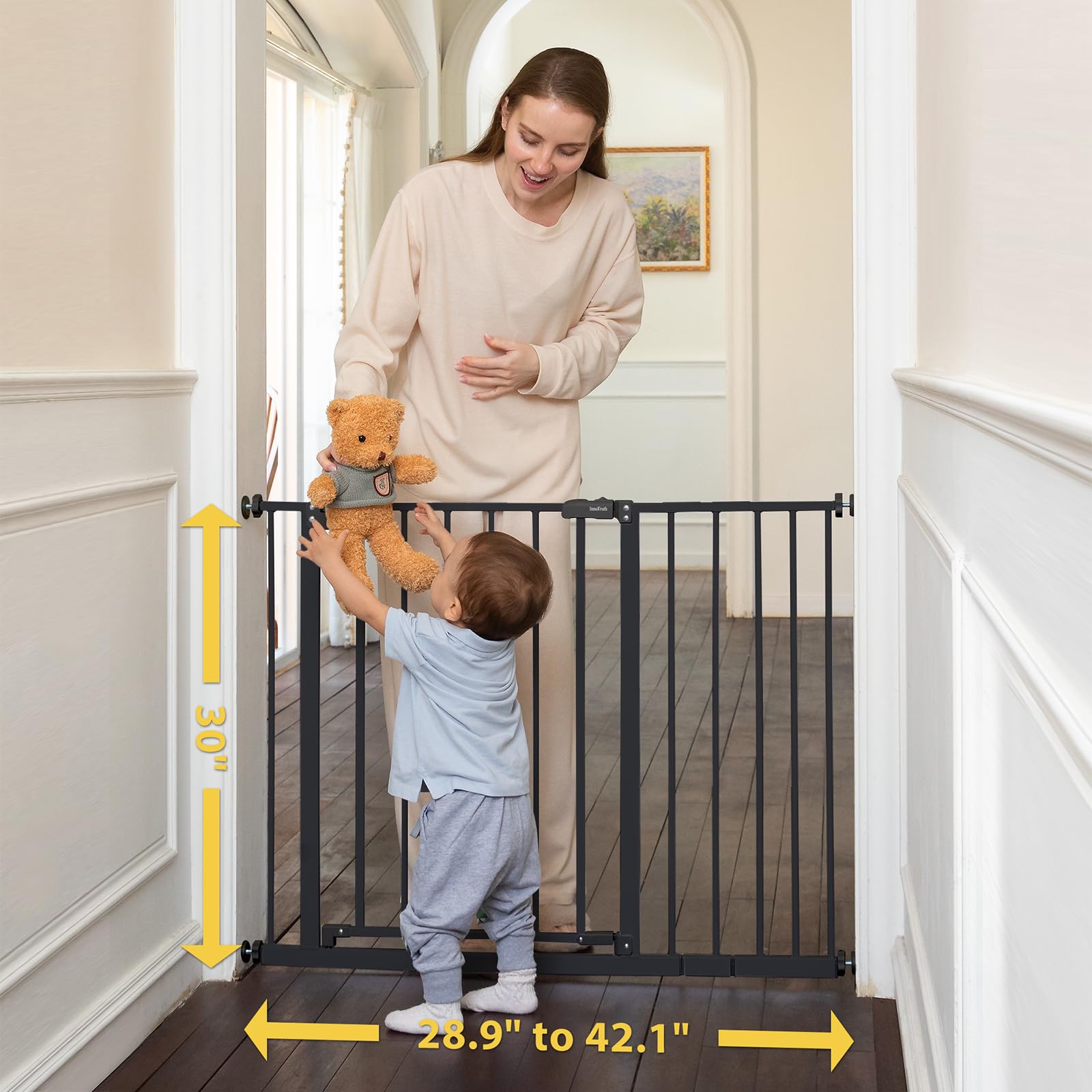 Mom's Choice Award-InnoTruth Dog Gate for Stairs, 28.9-42.1" Wide Baby Gate Indoor for Doorways, 30" Tall Pet Gate for Dogs Easy Walk Thru One Hand Opeing Dual Lock, Pressure Mount Easy Install, Black