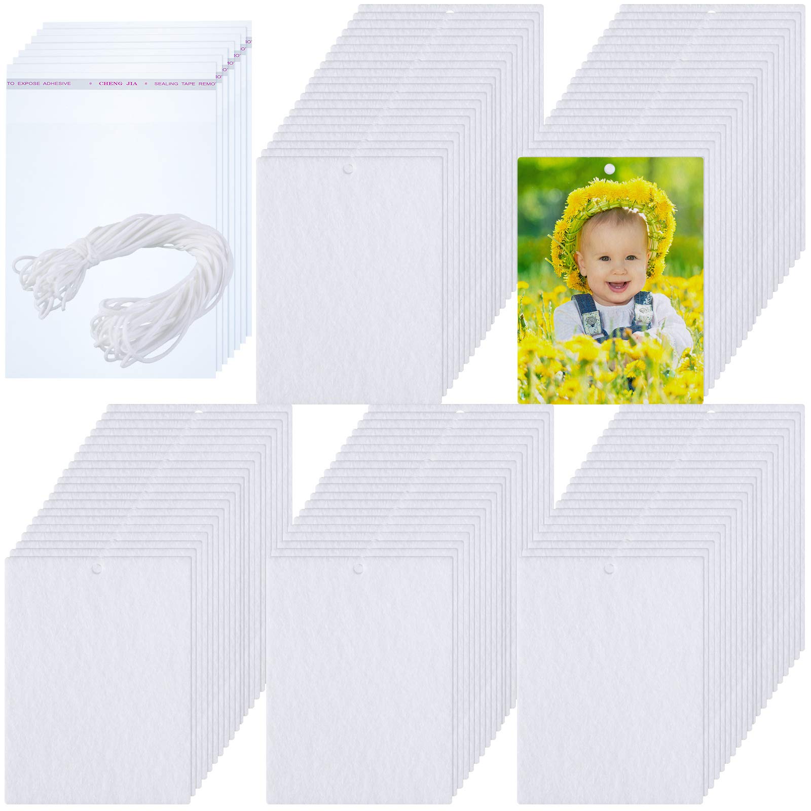 Maitys 100 Pieces Sublimation Air Fresheners Blanks Sheets DIY Felt Air Freshener Rectangle Fragrant Sheets with 100 Pieces Bags and Rope for Most Car Decoration