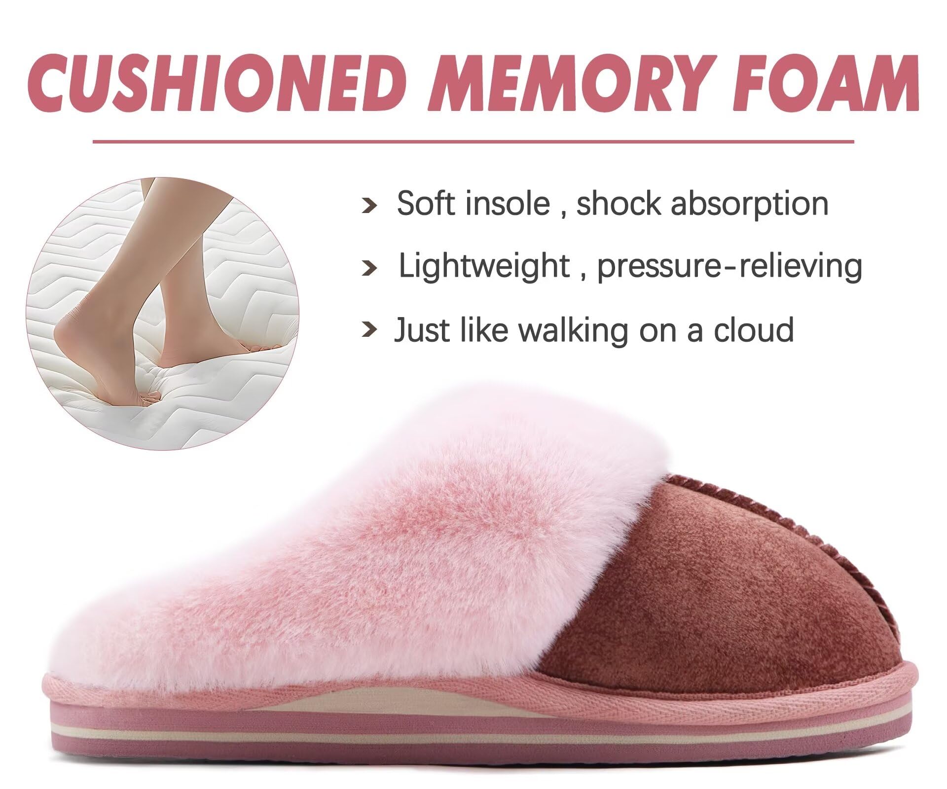KuaiLu Womens Slippers, Fluff Dual Memory Foam Slippers Ladies Cozy Arch Support Warm Scuff Slippers Slip on Comfy Winter House Shoes with Non-Slip Indoor Outdoor Hard Sole Pink 8