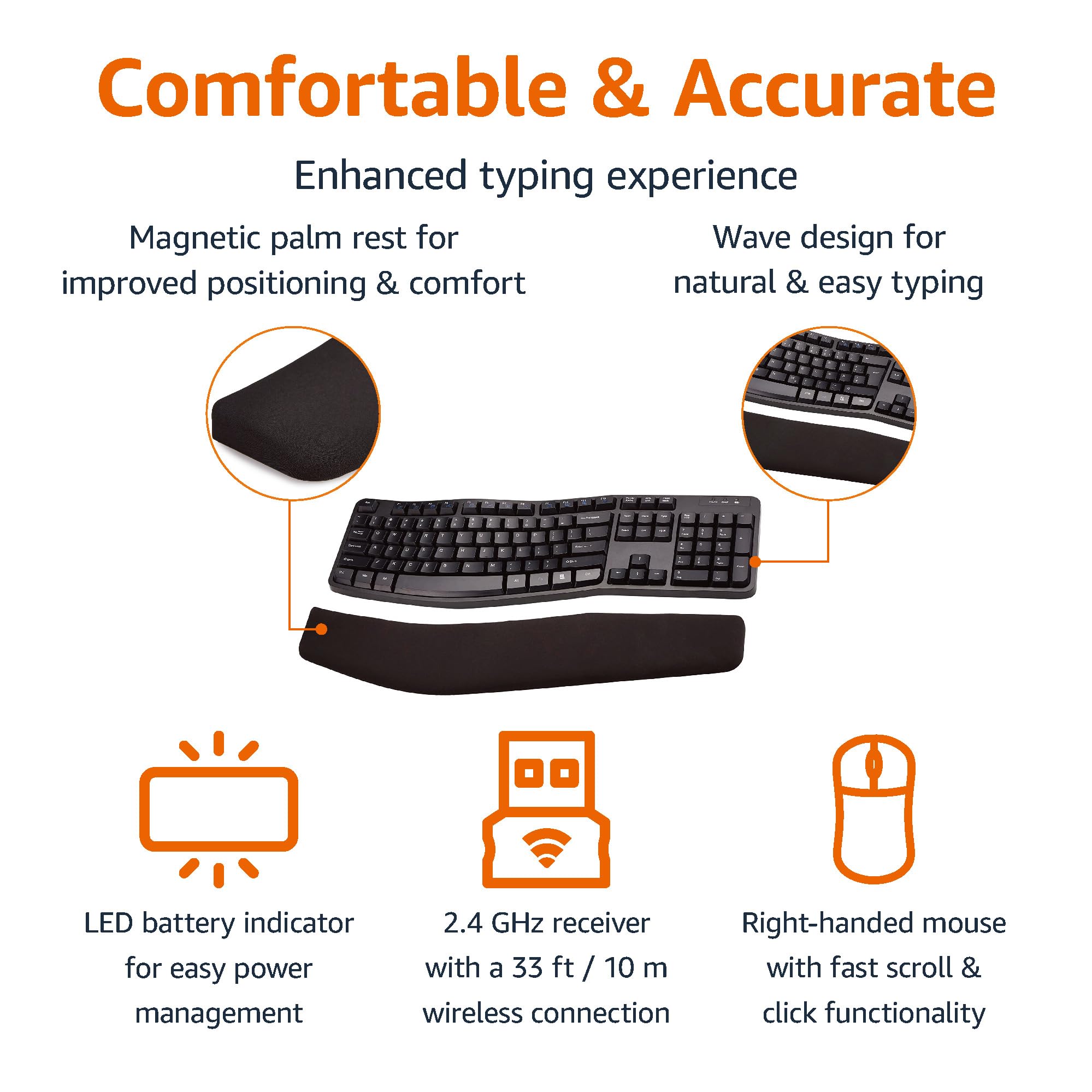 Amazon Basics Ergonomic Wireless Combo Full-Sized Keyboard with Palm Rest and Comfortable Right-Handed Mouse, 2.4 GHz Wireless USB Receiver, Compatible with PC, Laptop, Black