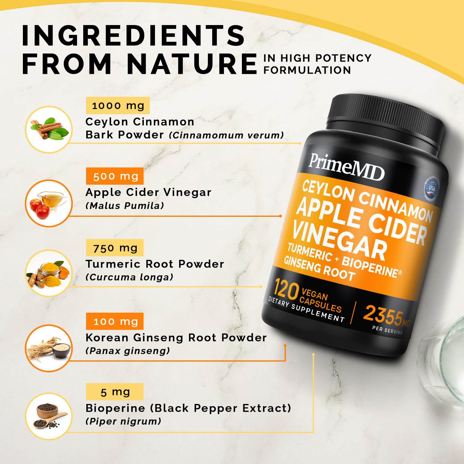 5-in-1 Ceylon Cinnamon Capsules 2355mg - Ceylon Cinnamon and Apple Cider Vinegar Capsules - Turmeric and Panax Ginseng Capsules - Cinnamon Supplements with Bioperine, 120 ct